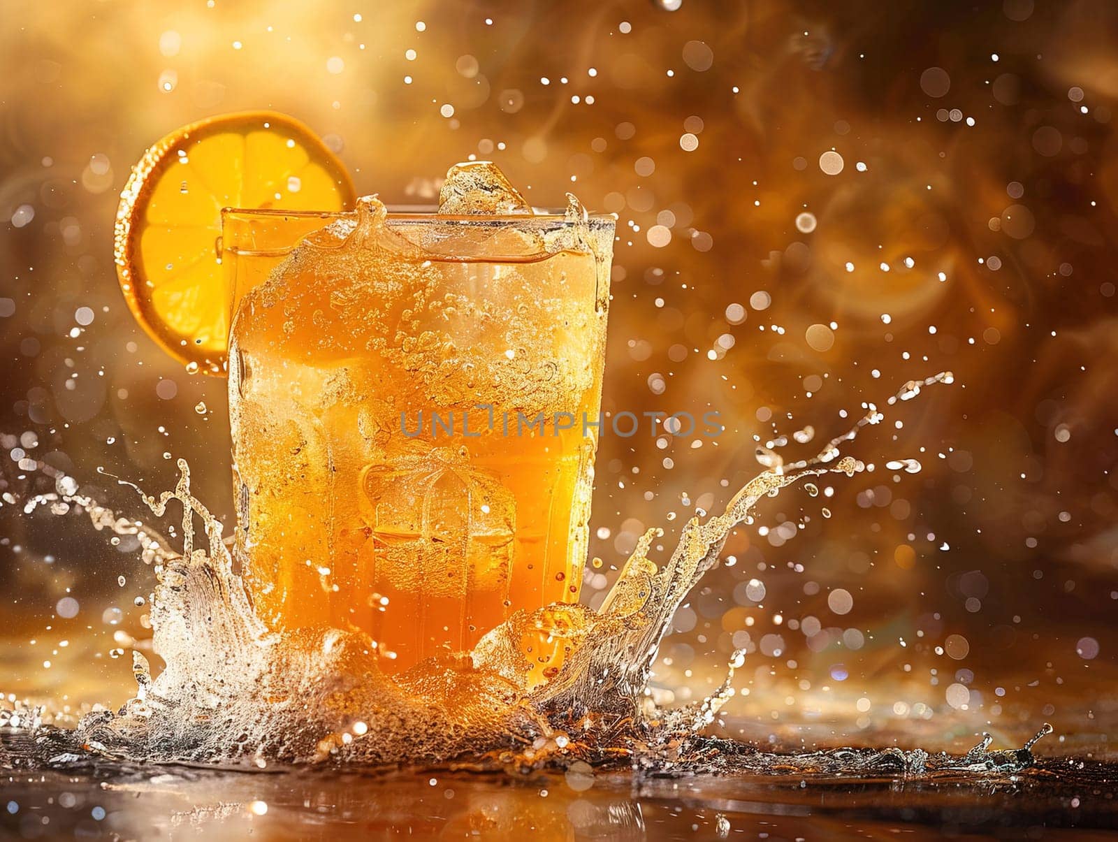 Fresh cocktail with orange and ice. Delicious Screwdriver cocktail photography, explosion flavors studio lighting, studio background, well-lit vibrant colors, sharp-focus, high-quality, artistic, unique