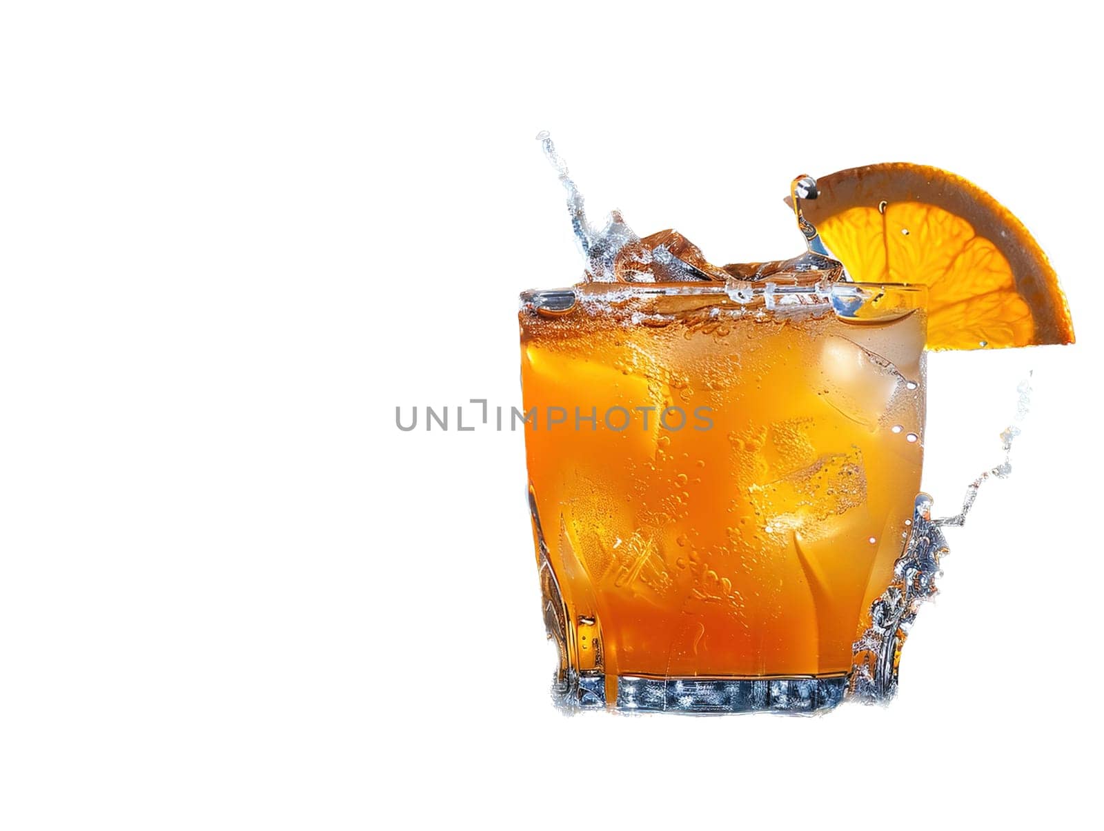 Fresh cocktail with orange and ice. Delicious Screwdriver cocktail photography, explosion flavors studio lighting, studio background, well-lit vibrant colors, sharp-focus, high-quality, artistic, unique