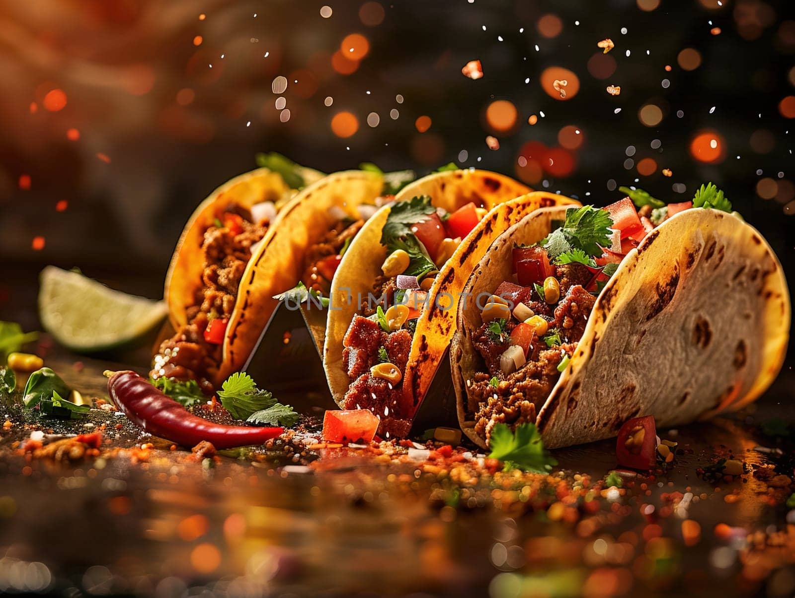 Delicious tacos photography, explosion flavors, studio lighting studio background, well-lit vibrant colors, sharp-focus, high-quality, artistic, unique, mexican food in Mexico Latin America