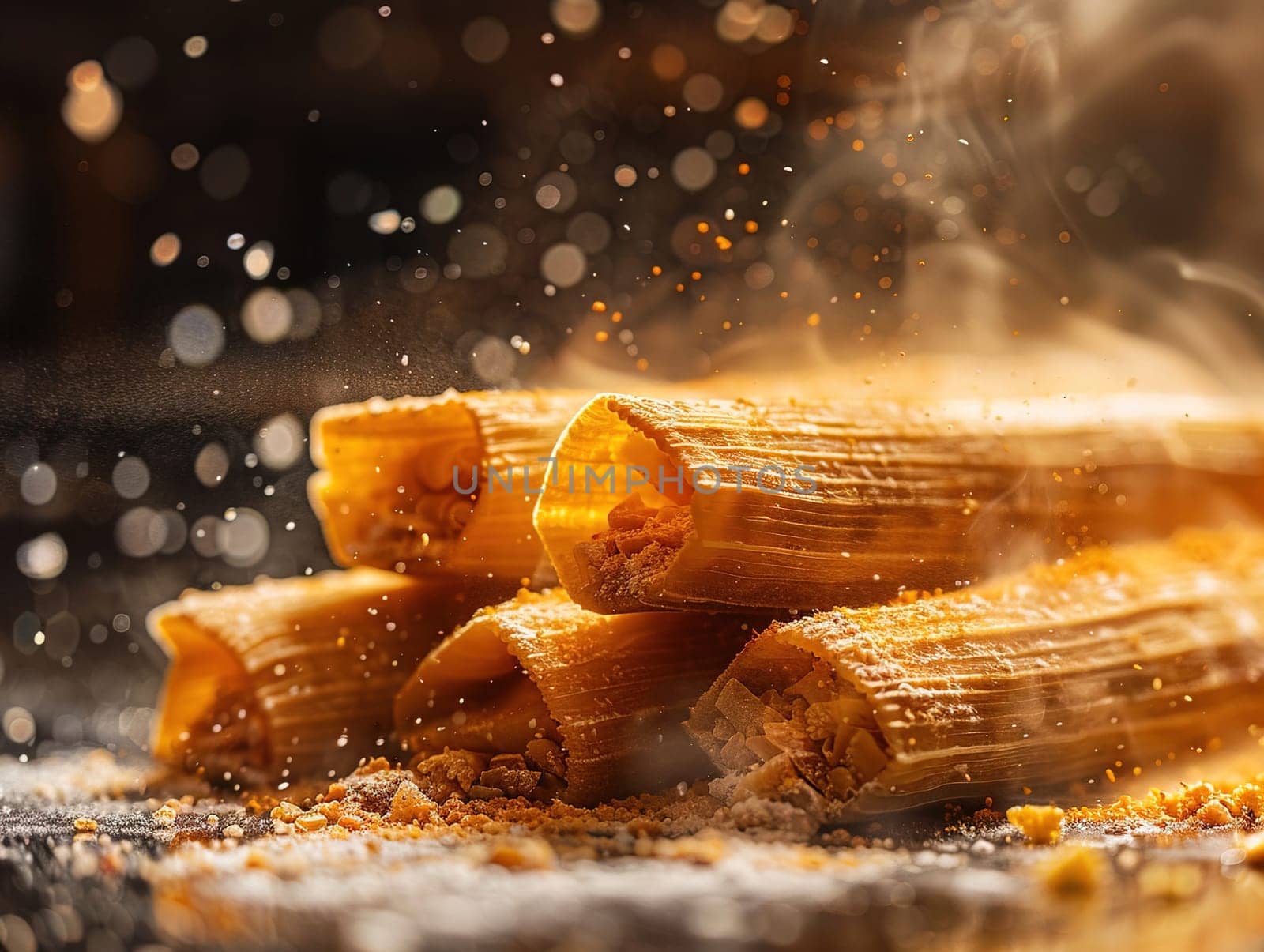 Tamales. Prehispanic dish typical of Mexico. Delicious tamales photography, explosion flavors, studio lighting, studio background, well-lit, vibrant colors, sharp-focus, high-quality, artistic, unique