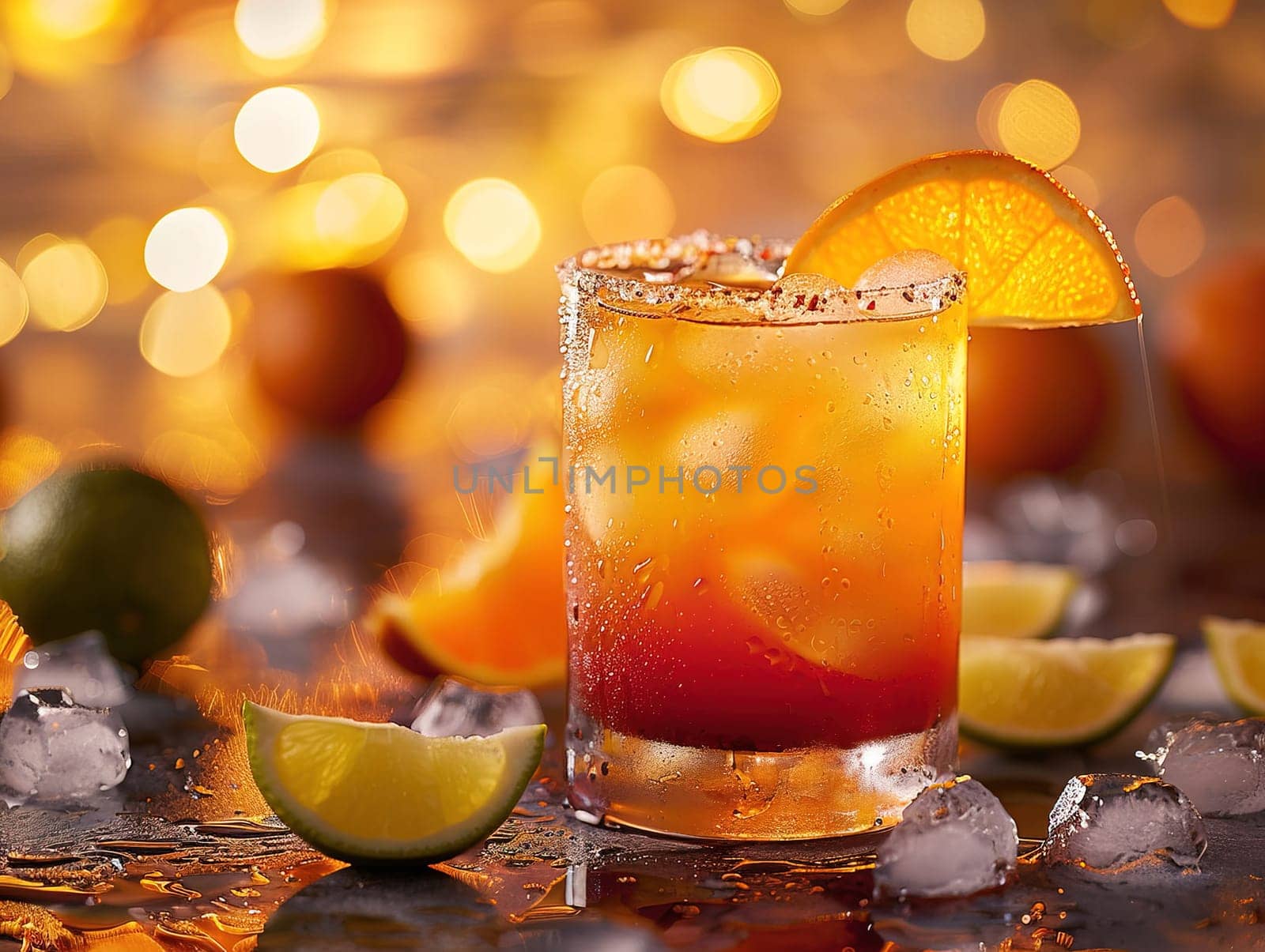 Tequila Sunrise Cocktail in vintage glass. Delicious Tequila Sunrise cocktail photography, explosion flavors, studio lighting, studio background, well-lit, vibrant colors, sharp-focus, high-quality, artistic, unique