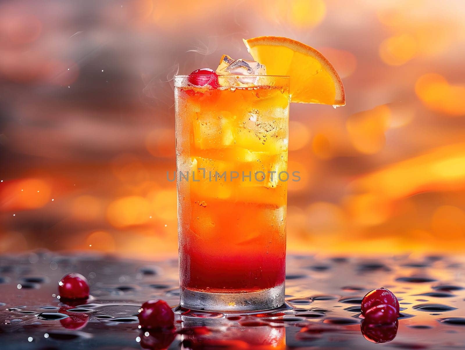 Tequila Sunrise Cocktail in vintage glass. Delicious Tequila Sunrise cocktail photography, explosion flavors, studio lighting, studio background, well-lit, vibrant colors, sharp-focus, high-quality, artistic, unique