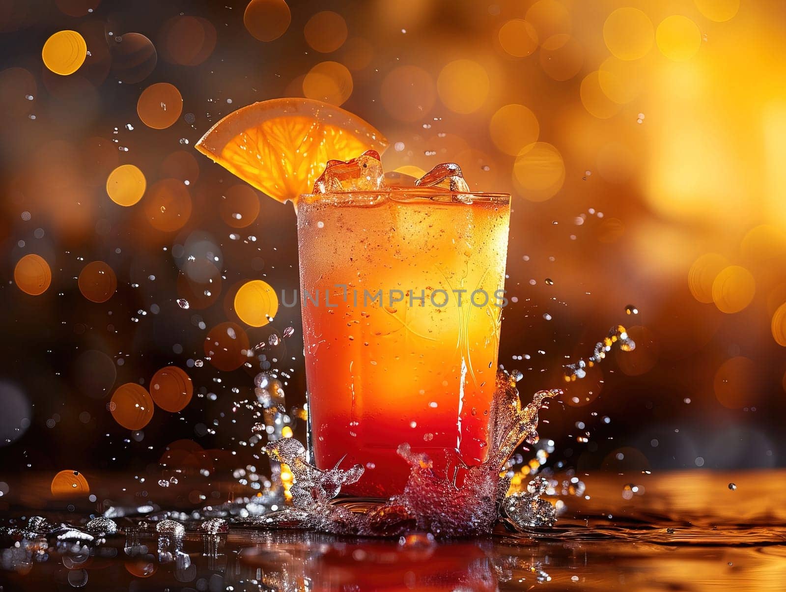 Tequila Sunrise Cocktail in vintage glass. Delicious Tequila Sunrise cocktail photography, explosion flavors, studio lighting, studio background, well-lit, vibrant colors, sharp-focus, high-quality, artistic, unique