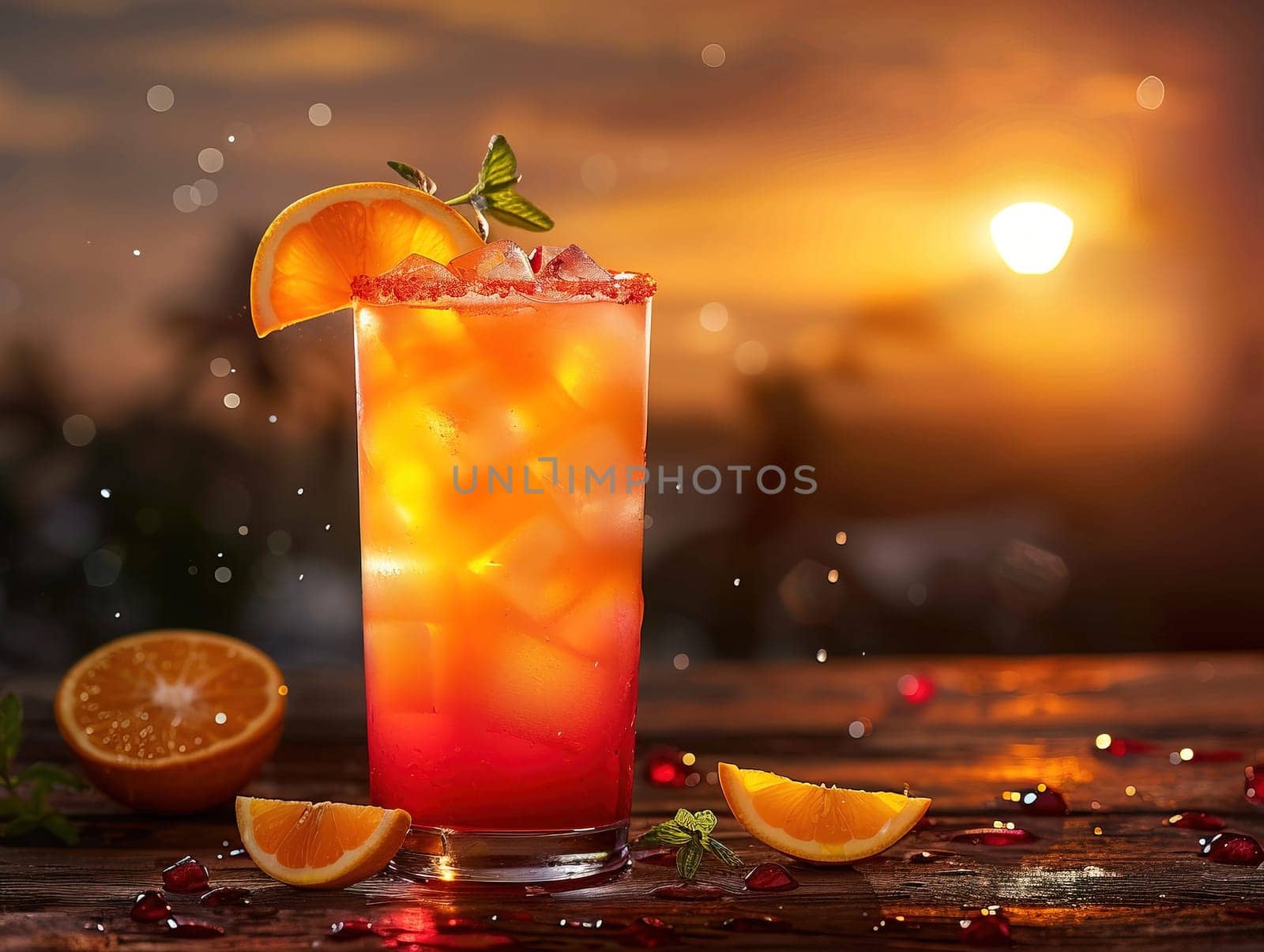 Tequila Sunrise Cocktail in vintage glass. Delicious Tequila Sunrise cocktail photography, explosion flavors, studio lighting, studio background, well-lit, vibrant colors, sharp-focus, high-quality, artistic, unique