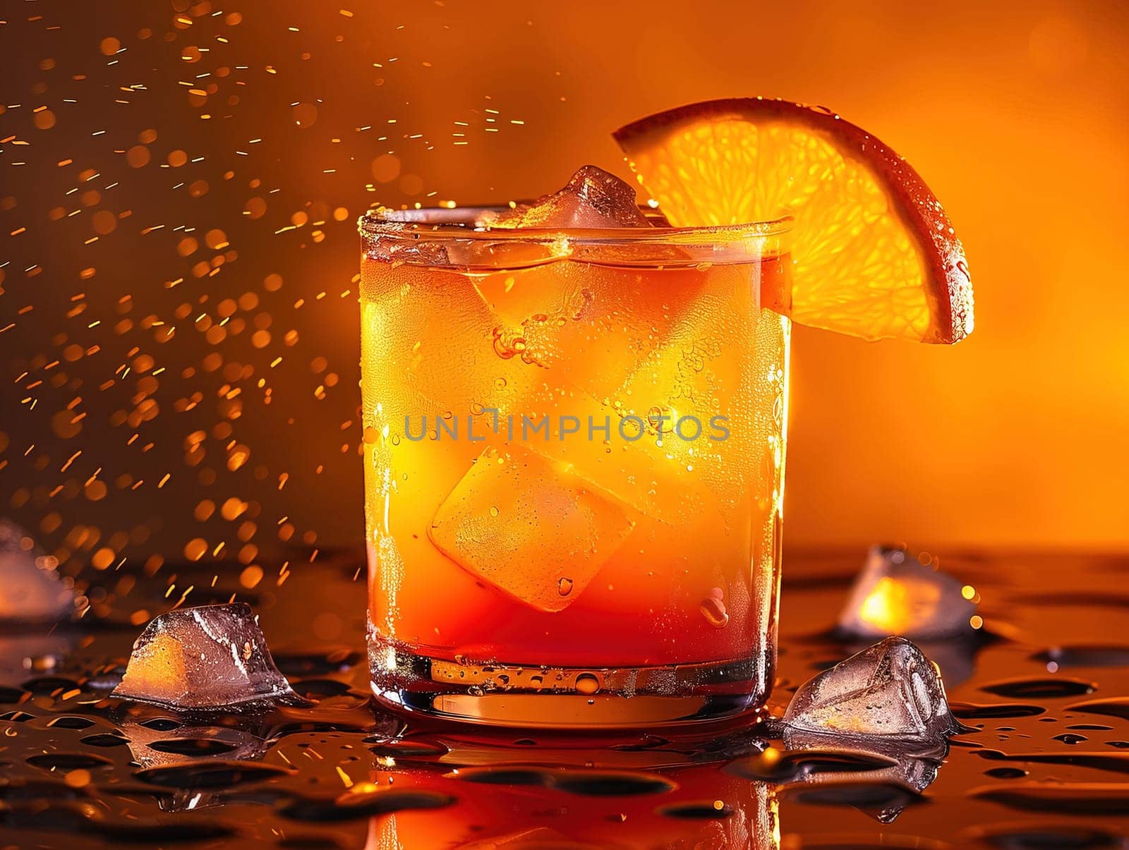 Tequila Sunrise Cocktail in vintage glass. Delicious Tequila Sunrise cocktail photography, explosion flavors, studio lighting, studio background, well-lit, vibrant colors, sharp-focus, high-quality, artistic, unique