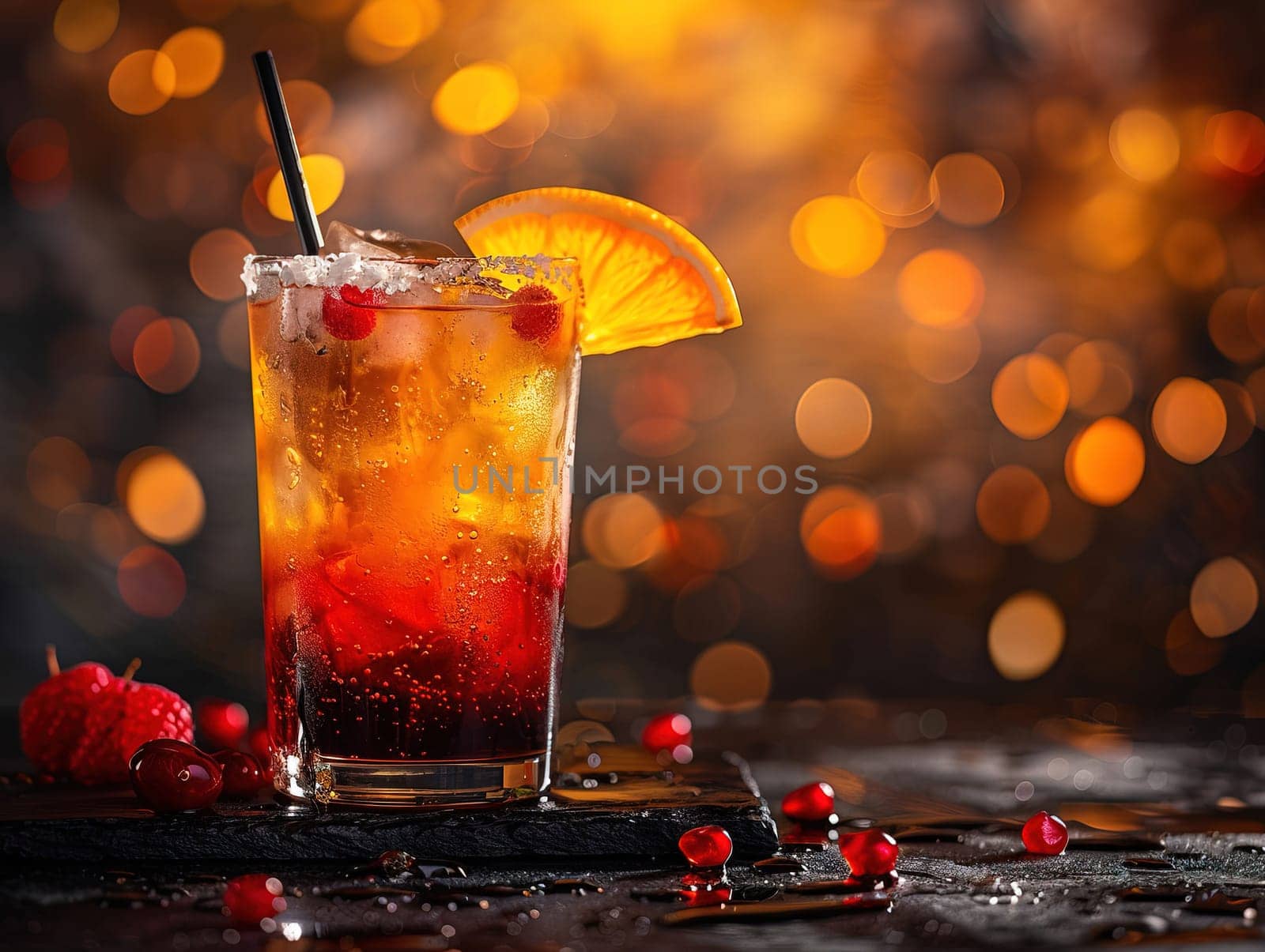 Tequila Sunrise Cocktail in vintage glass. Delicious Tequila Sunrise cocktail photography, explosion flavors, studio lighting, studio background, well-lit, vibrant colors, sharp-focus, high-quality, artistic, unique