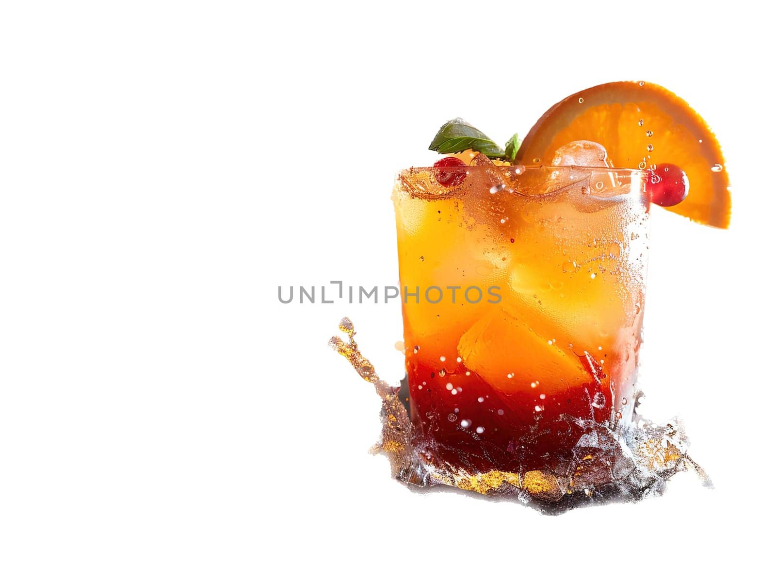 Tequila Sunrise Cocktail in vintage glass. Delicious Tequila Sunrise cocktail photography, explosion flavors, studio lighting, studio background, well-lit, vibrant colors, sharp-focus, high-quality, artistic, unique