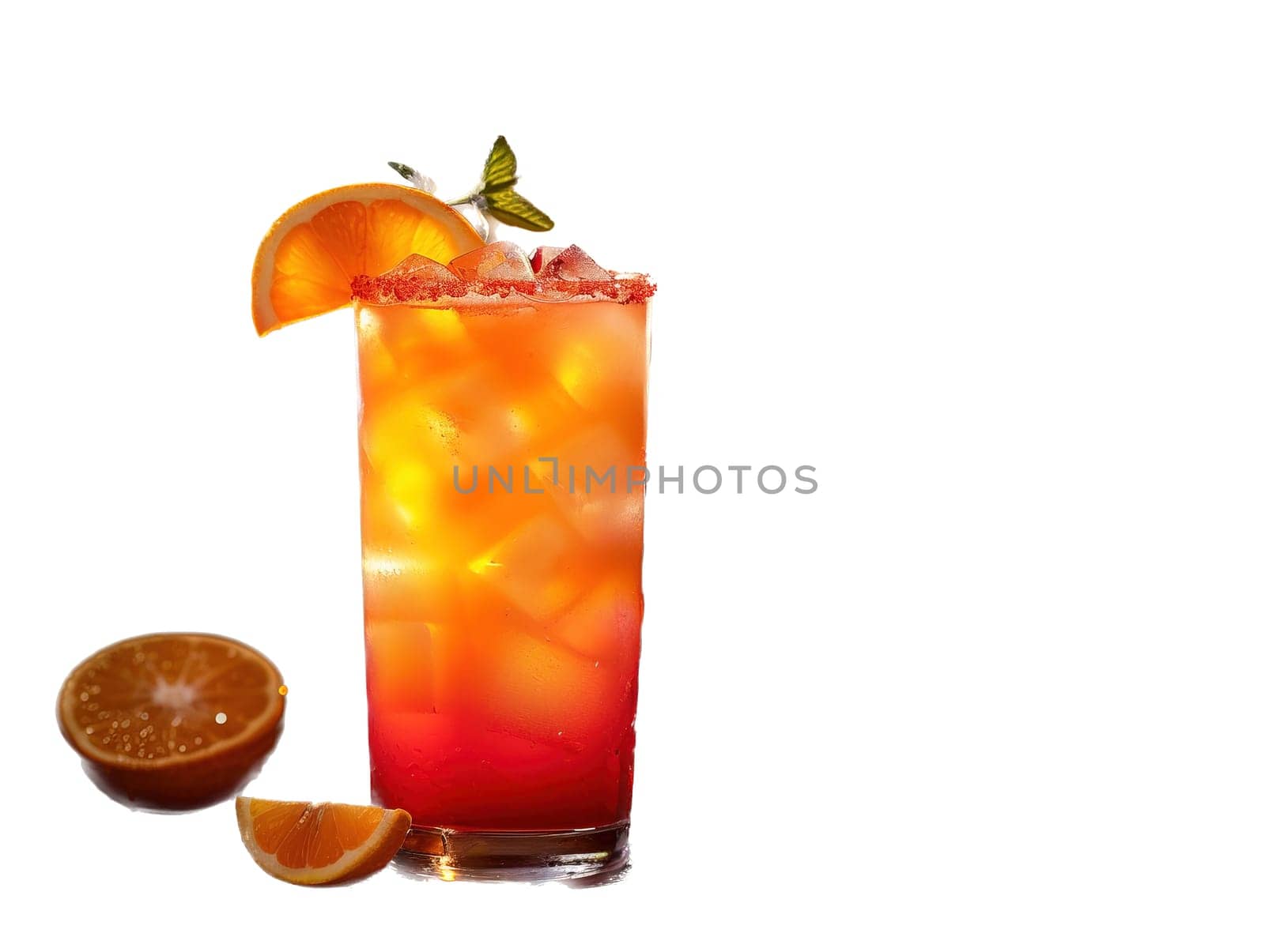 Delicious Tequila Sunrise cocktail photography, explosion flavors, studio lighting, studio background, well-lit, vibrant colors, sharp-focus, high-quality, artistic, unique. Tequila Sunrise Cocktail in vintage glass by mr-tigga