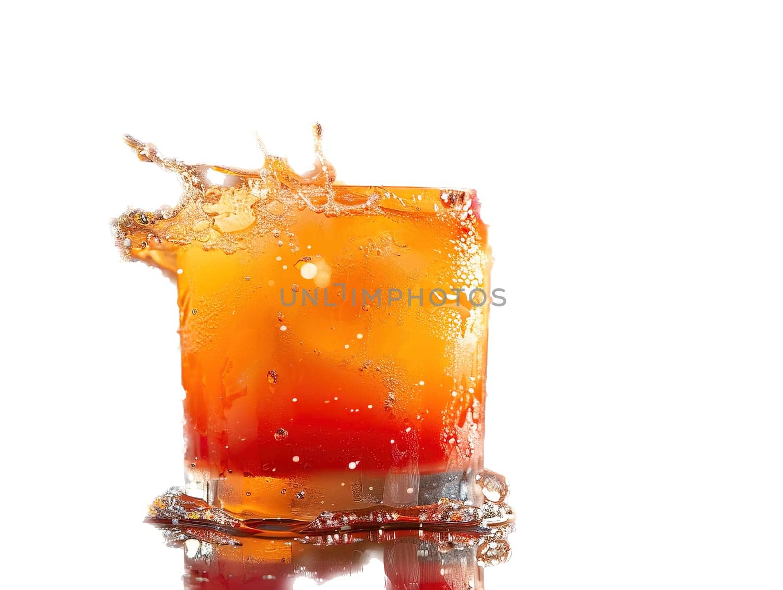 Delicious Tequila Sunrise cocktail photography, explosion flavors, studio lighting, studio background, well-lit, vibrant colors, sharp-focus, high-quality, artistic, unique. Tequila Sunrise Cocktail in vintage glass by mr-tigga