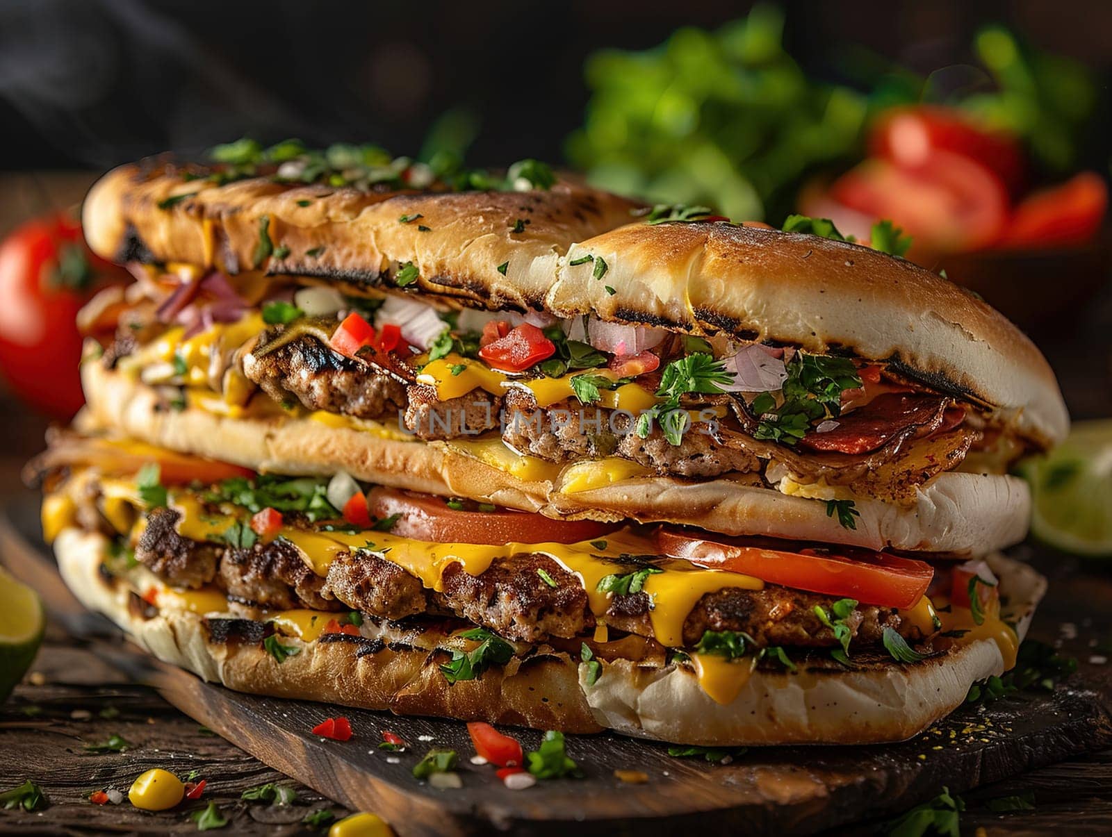 Delicious tortas photography, explosion flavors, studio lighting, studio background well-lit, vibrant colors, sharp-focus, high-quality, unique flat bread. In Mexico, a torta is a kind of sandwich.