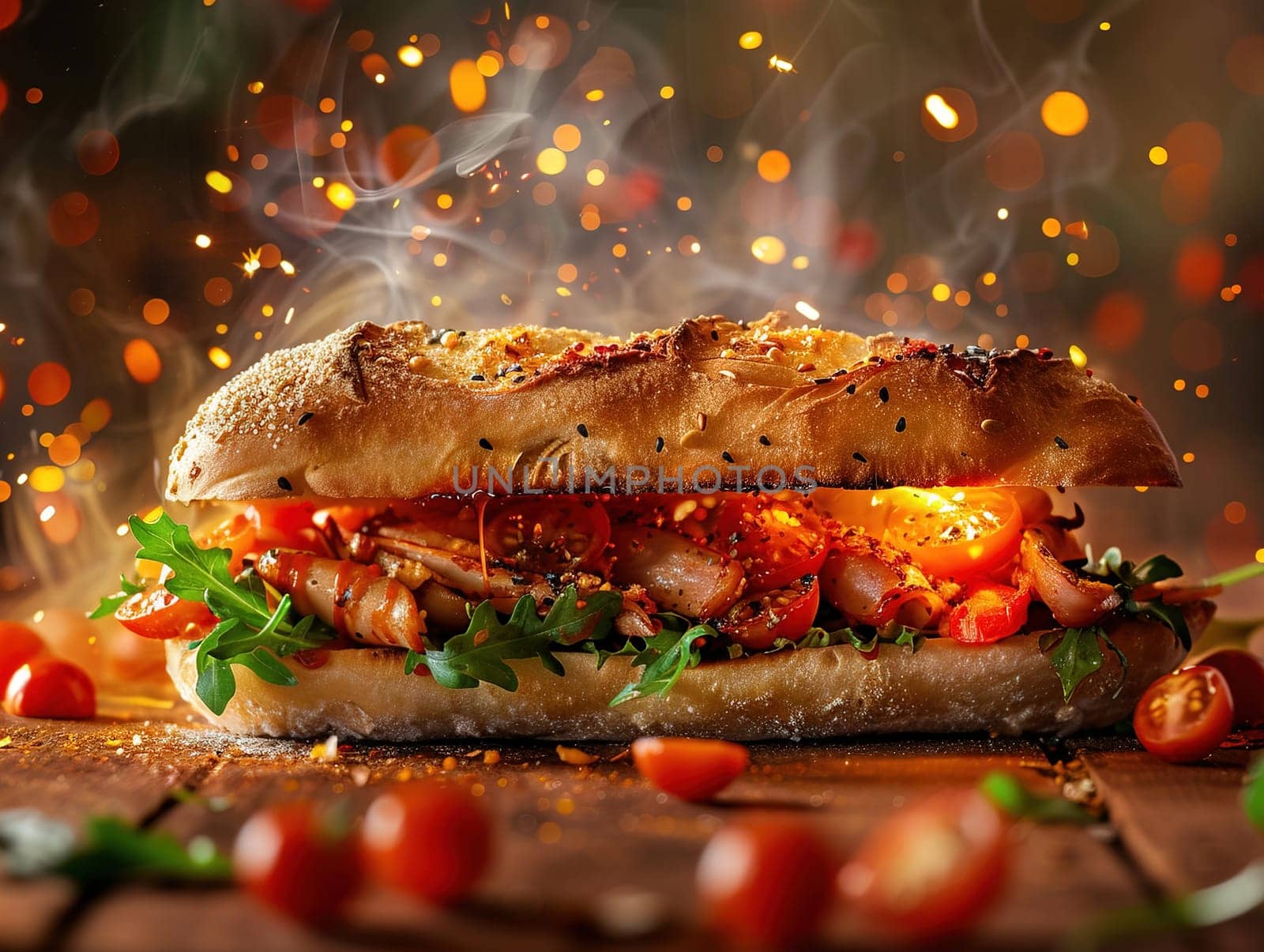 Delicious tortas photography, explosion flavors, studio lighting, studio background well-lit, vibrant colors, sharp-focus, high-quality, unique flat bread. In Mexico, a torta is a kind of sandwich.