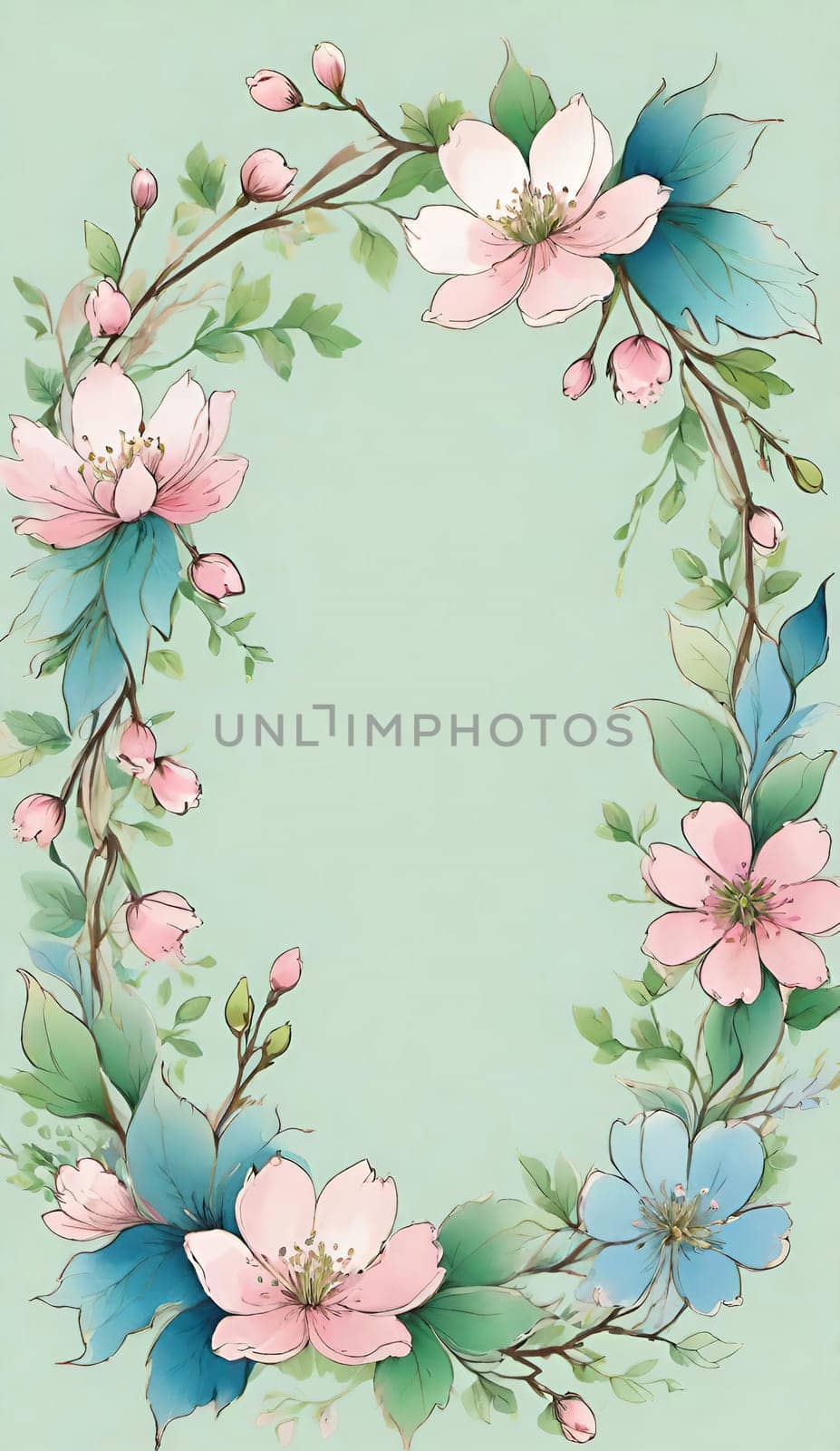 Floral wreath with spring flowers on background. Vector illustration.Spring background with flowers and wreath. Vector illustration for your design.Spring background with cherry blossoms and green leaves. Spring blossom background with copy space for text.