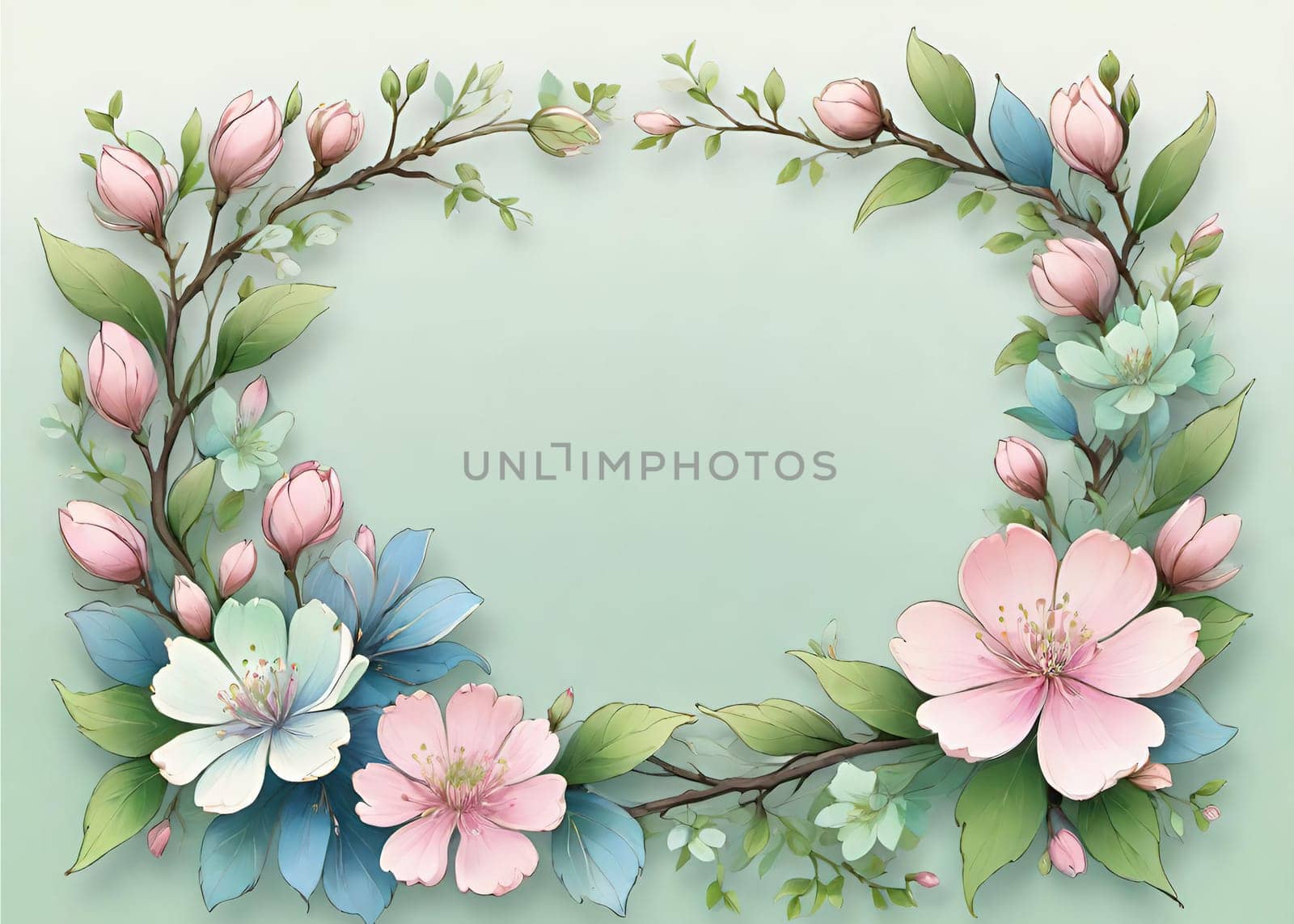 Floral wreath with spring flowers on background. Vector illustration.Spring background with flowers and wreath. Vector illustration for your design.Spring background with cherry blossoms and green leaves. Spring blossom background with copy space for text.