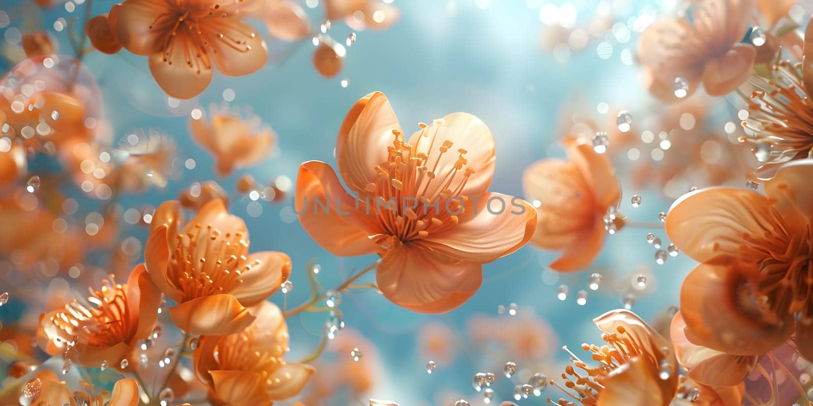 Colorful flowers, such as orange petals, gracefully floating underwater alongside marine invertebrates, creating a beautiful scene of marine biology
