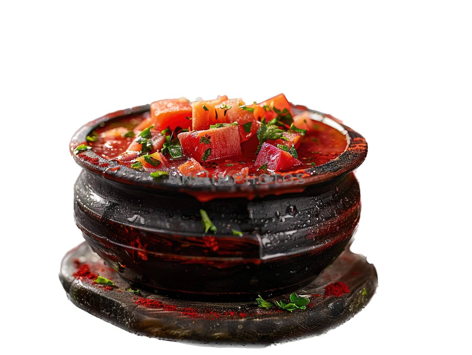 Delicious ukrainian borsch photography, explosion flavors, studio lighting, studio background, well-lit, vibrant colors, sharp-focus, high-quality, artistic, unique. Ukrainian borsch with pampushkas