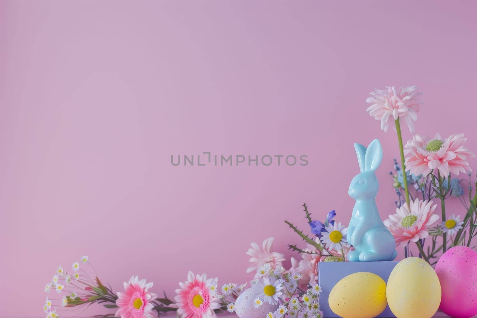 A pink and blue Easter bunny sits on a box of eggs and flowers. The scene is bright and cheerful, with the bunny