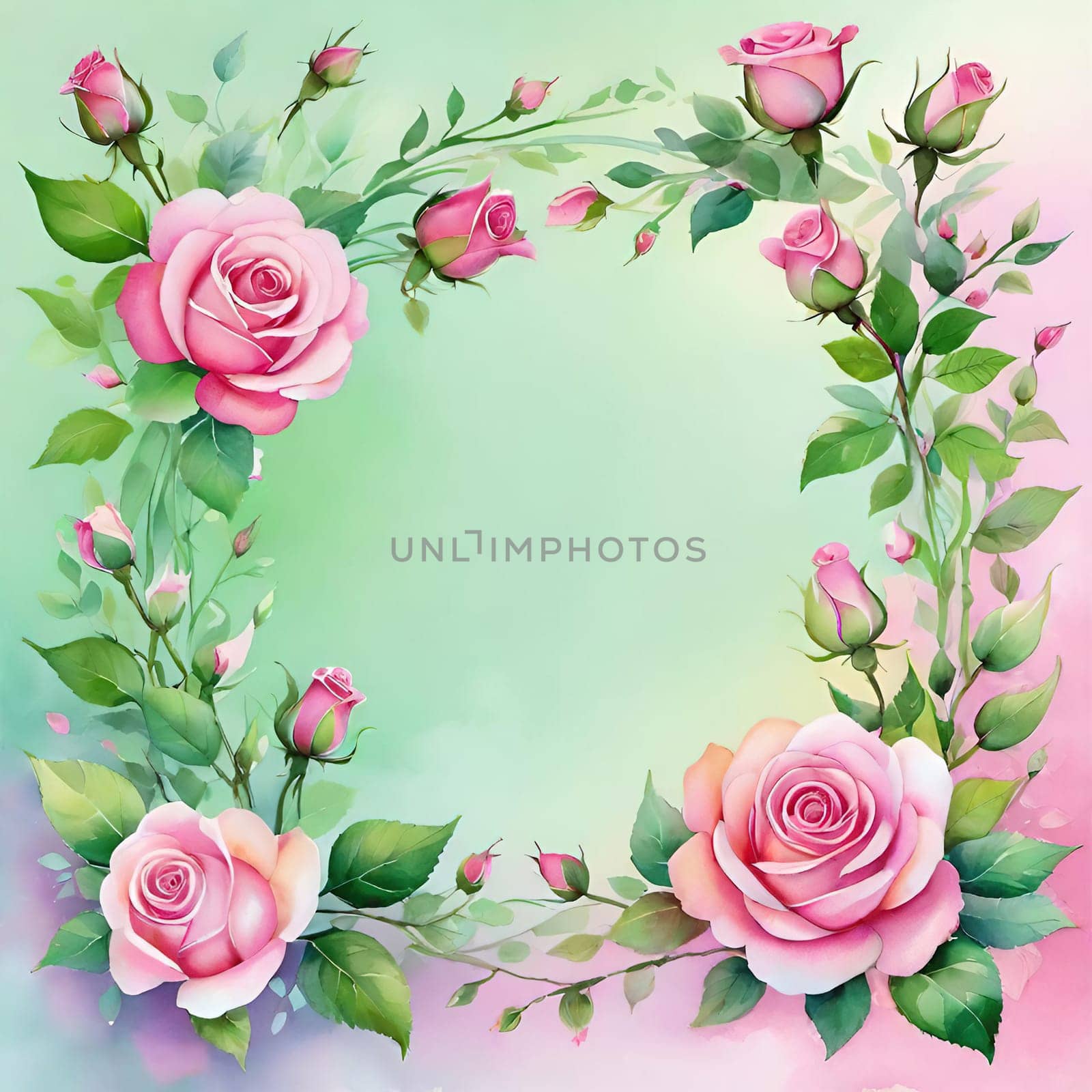 Frame with pink roses and green leaves on white background. Vector illustration by yilmazsavaskandag