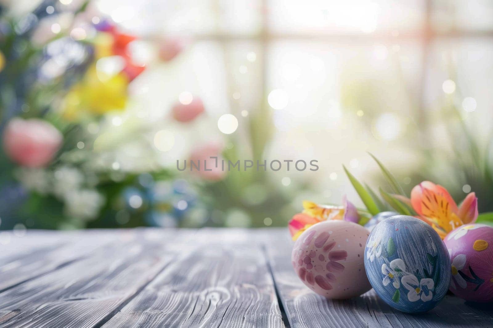 A wooden table with a bunch of Easter eggs on it. The eggs are painted and arranged in a row. The table is surrounded by flowers and plants, creating a cheerful and festive atmosphere