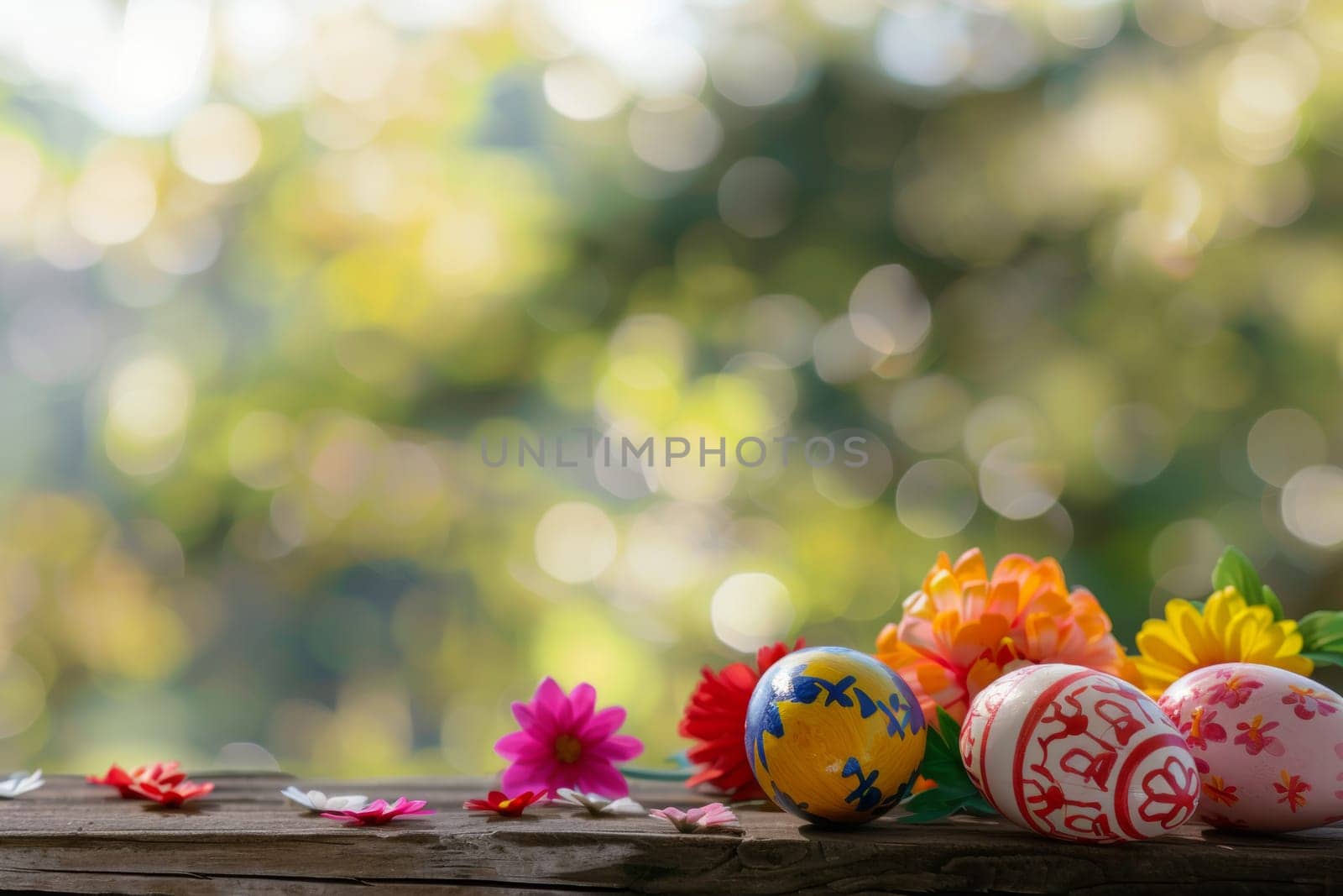 A bunch of Easter eggs are on a wooden table with flowers in the background. The eggs are of different colors and sizes, and the flowers are pink and yellow. Concept of celebration and joy