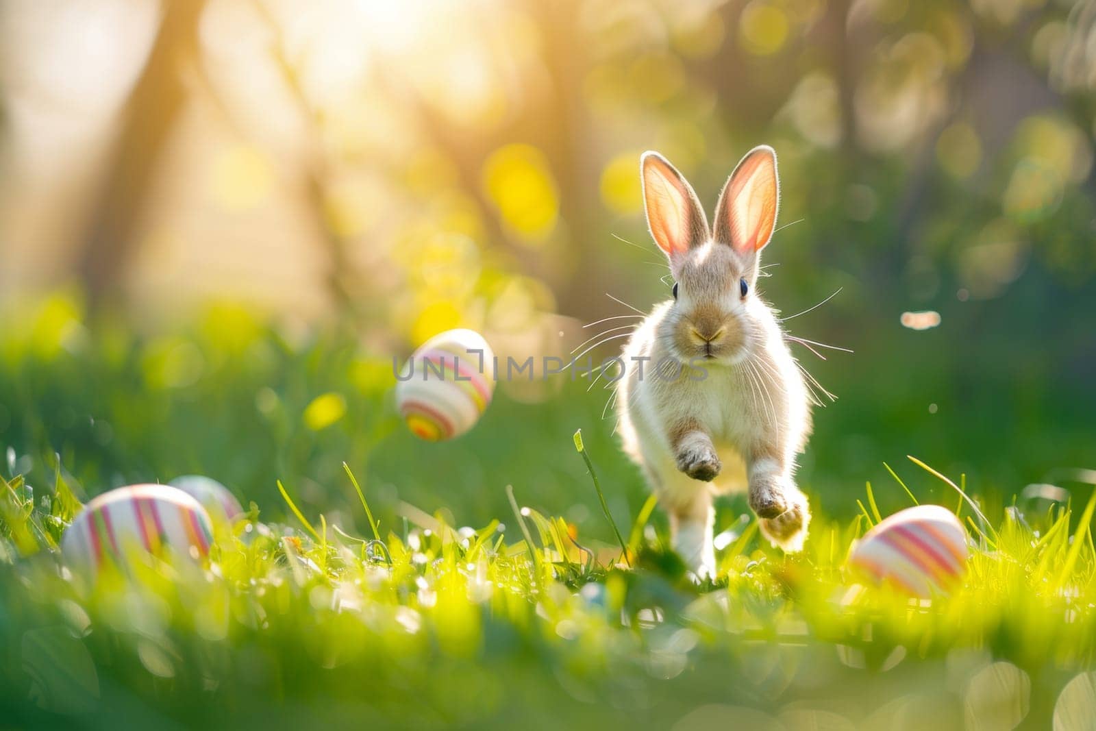 A rabbit is running through a field of grass with a few eggs scattered around it. The scene is peaceful and serene, with the rabbit's movements creating a sense of motion and energy