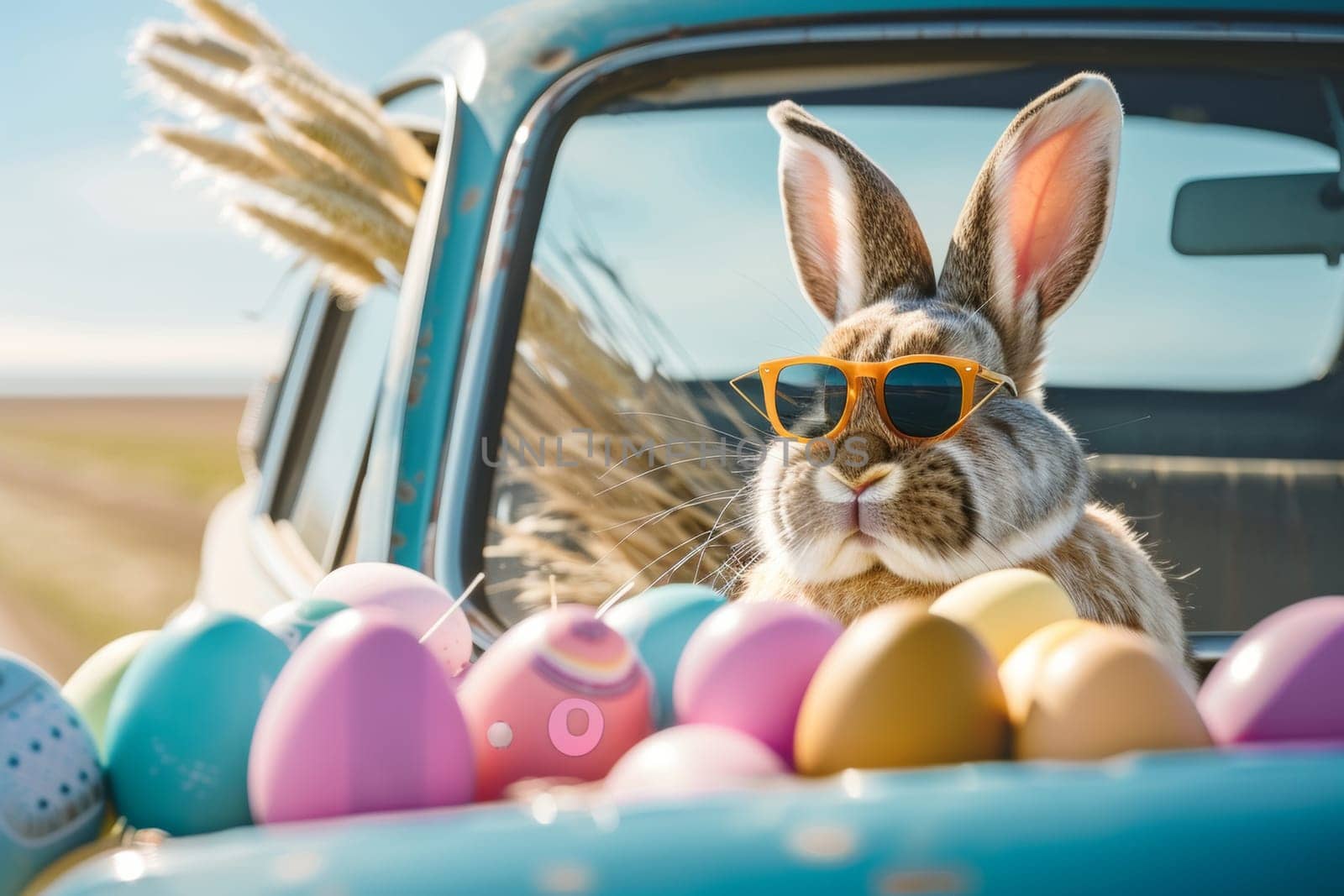 A rabbit wearing sunglasses sits in a car with a bunch of Easter eggs. The scene is playful and lighthearted, with the rabbit looking cool and relaxed in its sunglasses
