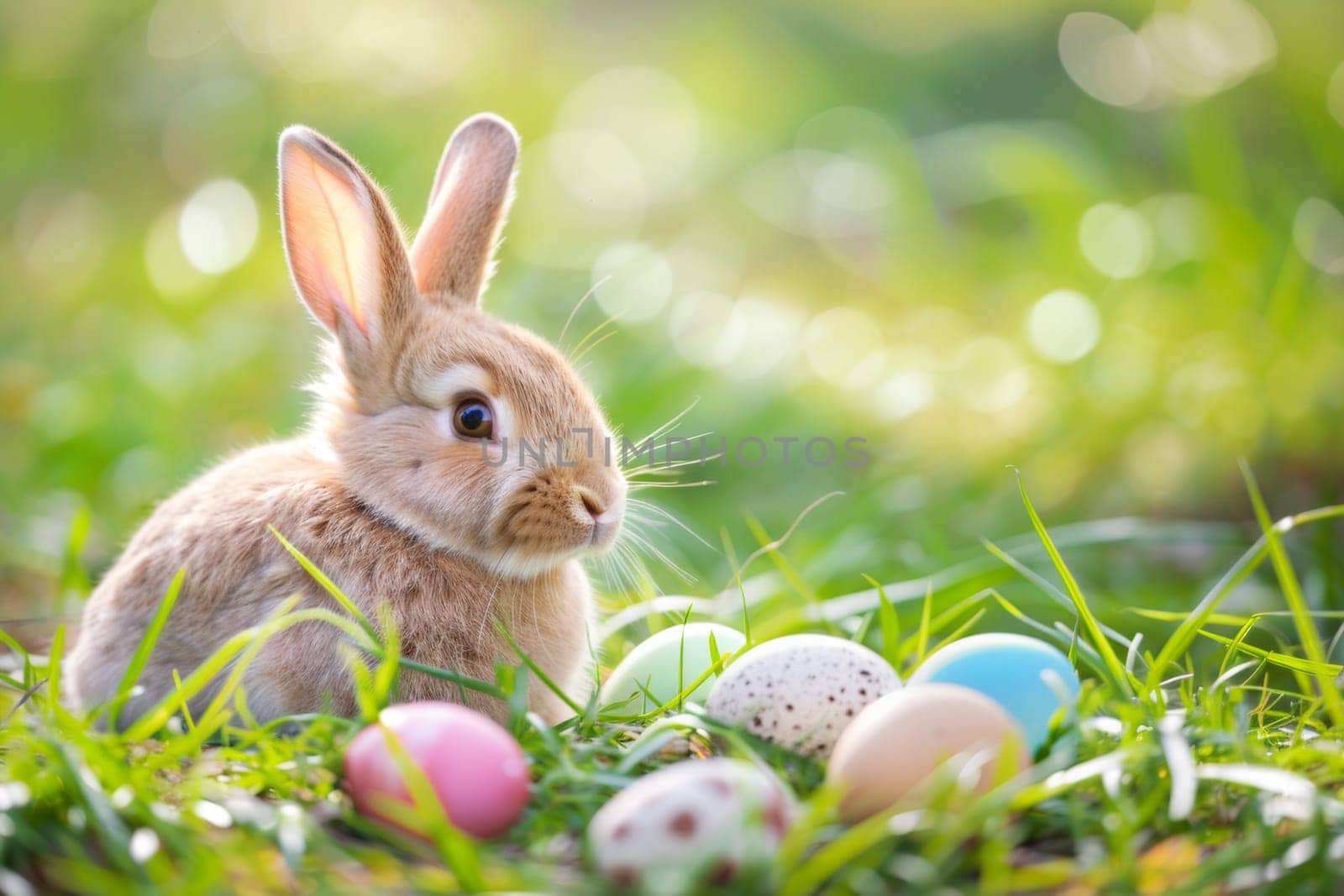 A rabbit is sitting in a field of grass with a bunch of eggs around it. The scene is peaceful and serene, with the rabbit looking up at the camera