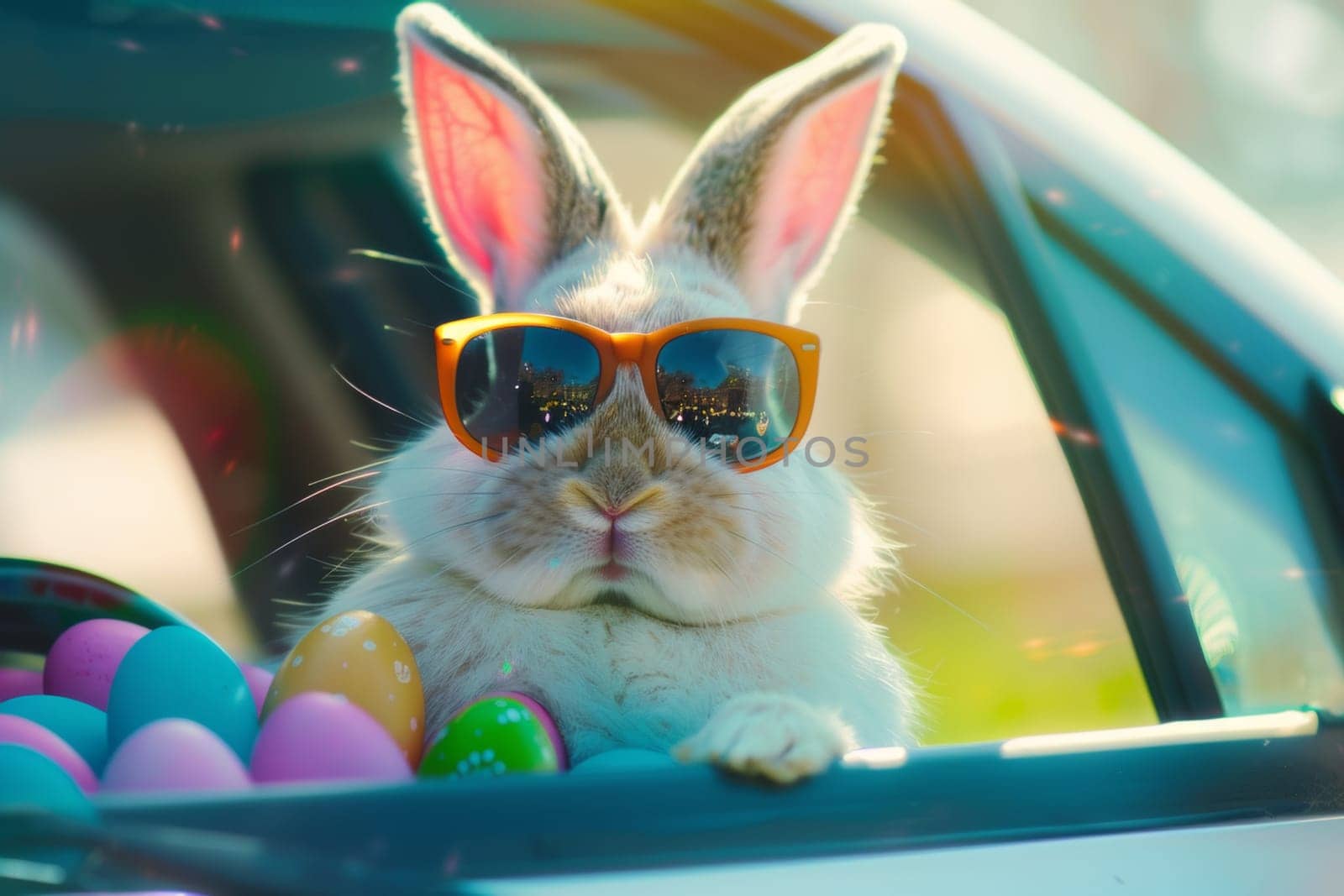 A rabbit wearing sunglasses and holding a basket of Easter eggs. The rabbit is sitting in a car