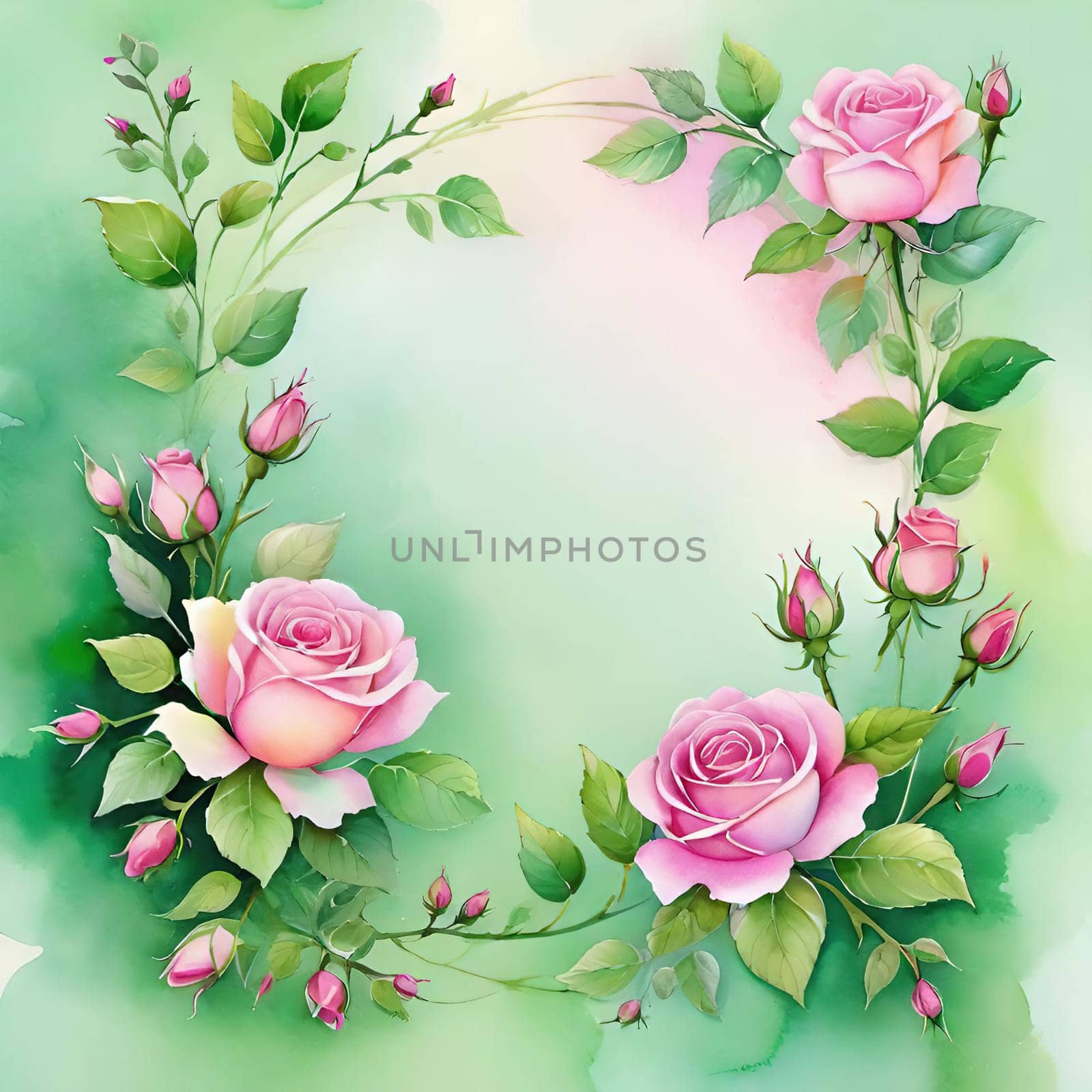 Frame with pink roses and green leaves on white background. Vector illustration by yilmazsavaskandag