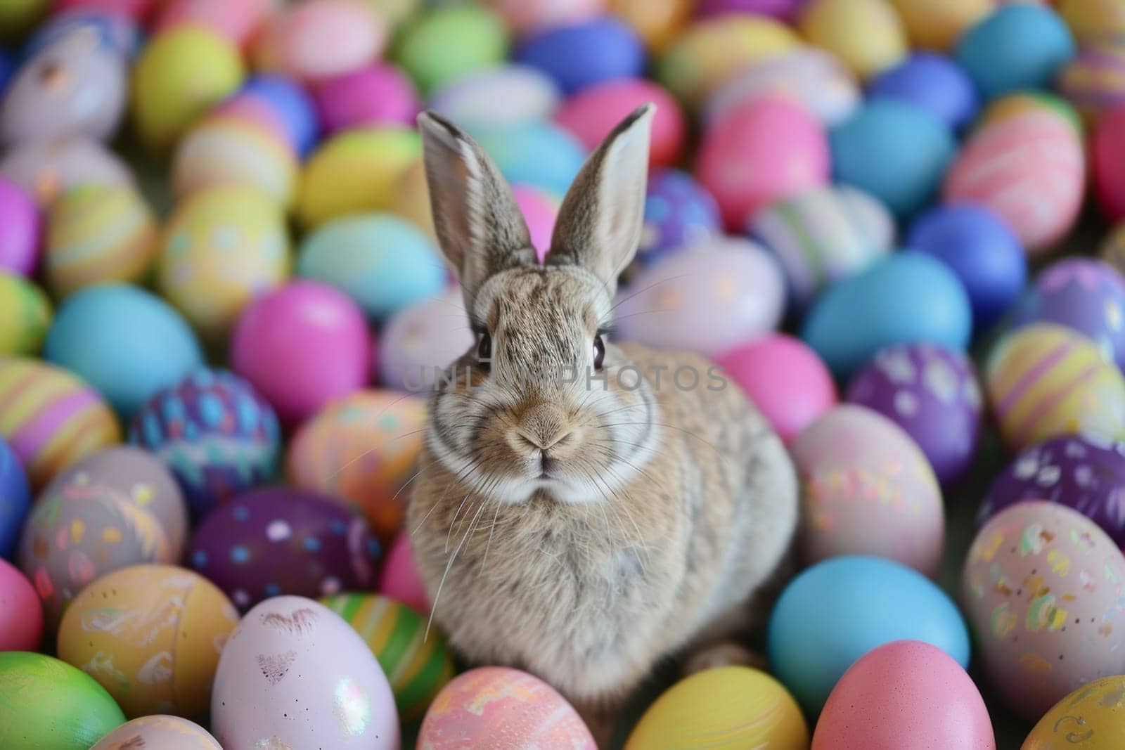 A rabbit is standing in a pile of colorful Easter eggs by nateemee
