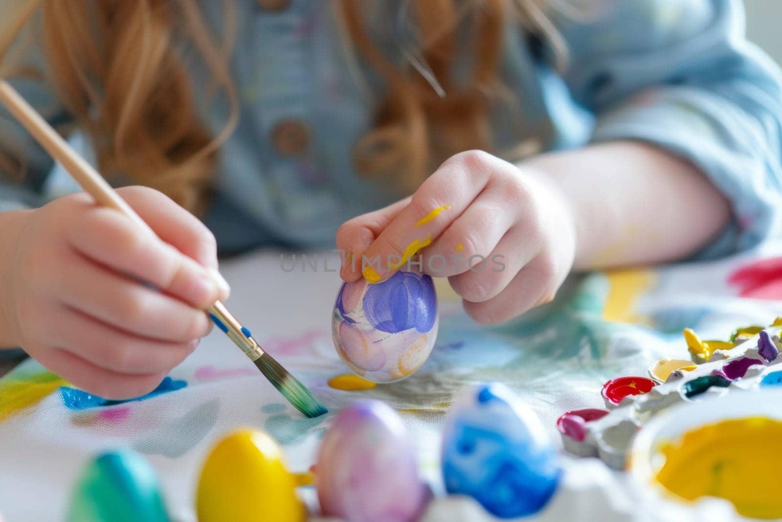 A young girl is painting a yellow and blue egg. She is using a brush to apply the paint
