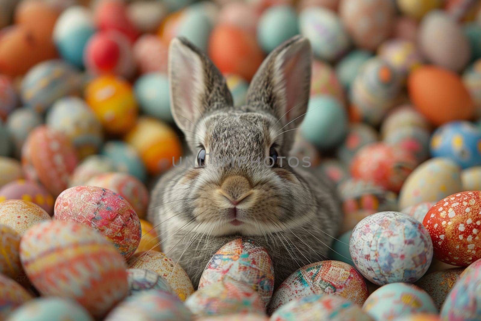 A rabbit is sitting in a pile of colorful Easter eggs. The scene is playful and whimsical, with the rabbit being the main focus of the image
