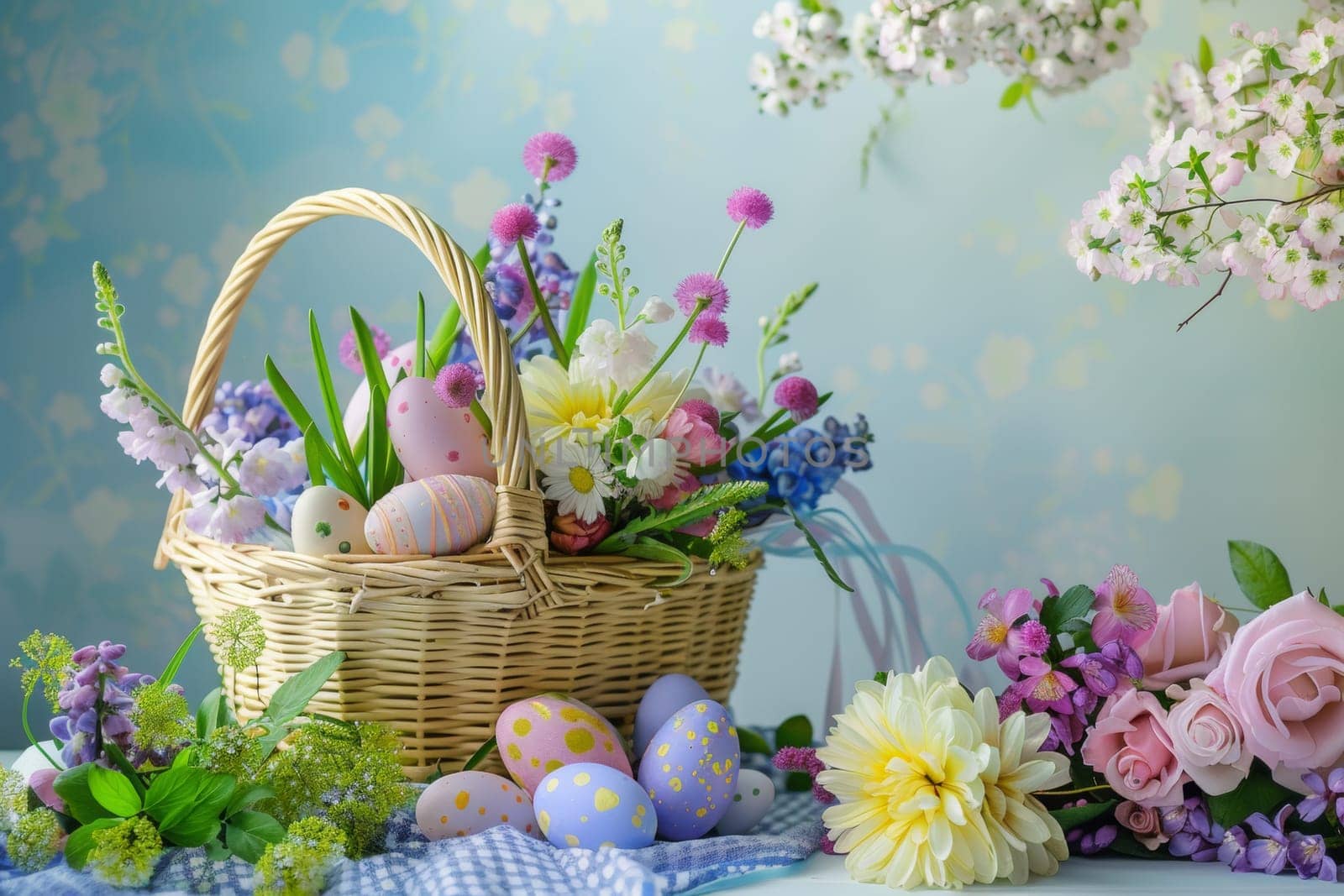 A basket of Easter eggs and flowers sits on a table. The basket is filled with a variety of colorful flowers and eggs, including pink and yellow ones