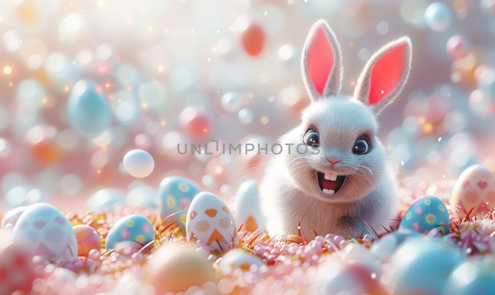 A cartoon rabbit is laying in a field of Easter eggs. The rabbit is smiling and he is happy