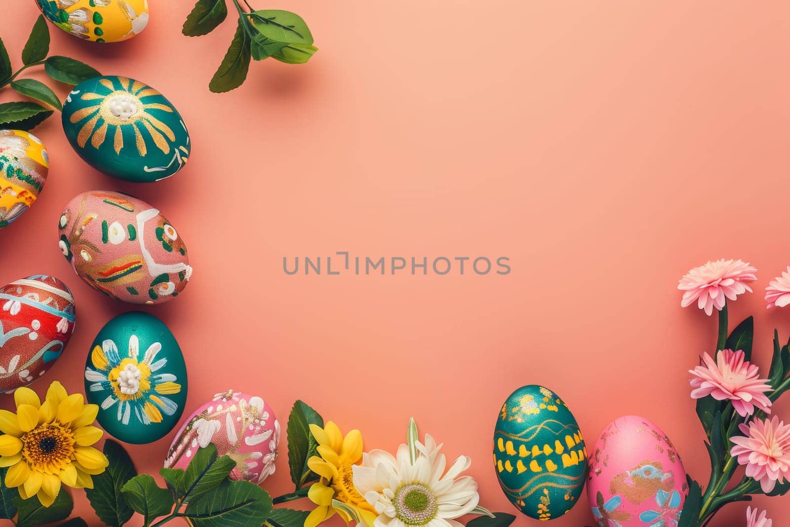 A colorful assortment of painted eggs are arranged in a circle on a pink background. The eggs are of various sizes and colors, and they are surrounded by flowers, creating a cheerful