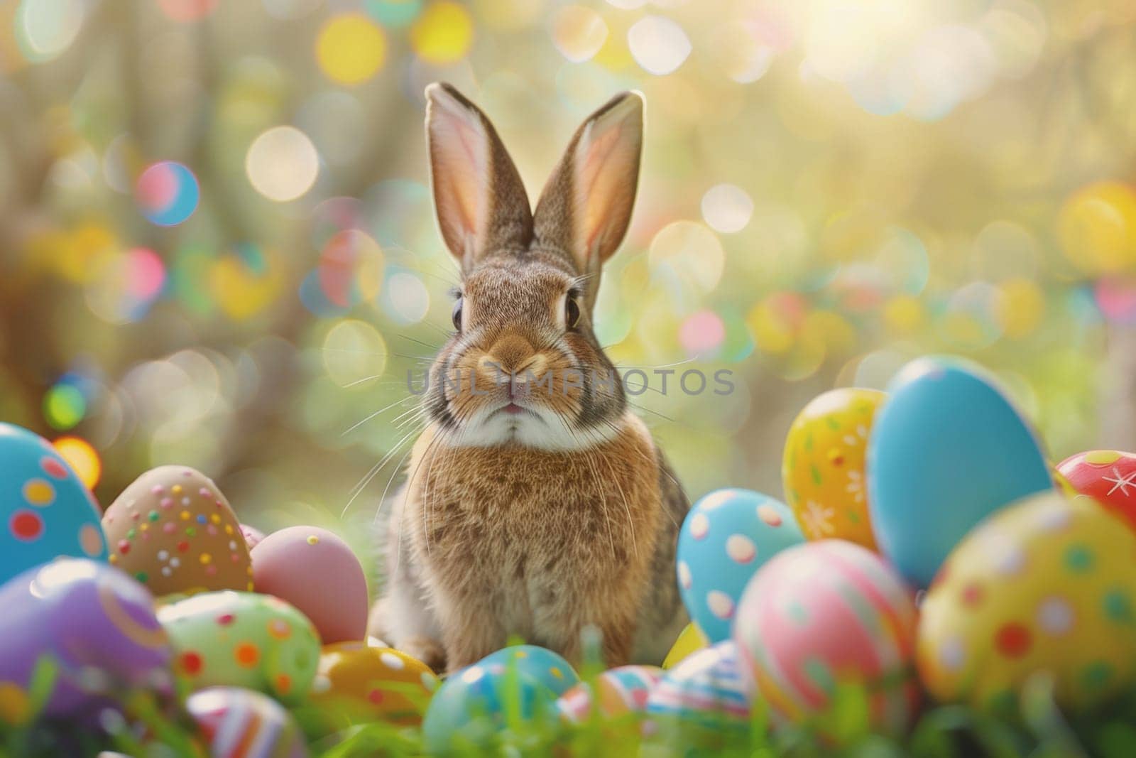 A rabbit is standing in a field of Easter eggs. The eggs are scattered around the rabbit, with some closer to it and others further away. The scene is bright and cheerful