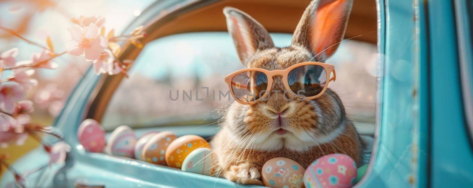 A rabbit wearing sunglasses sits in a car with a bunch of Easter eggs. The scene is playful and lighthearted, with the rabbit looking out the window and enjoying the view