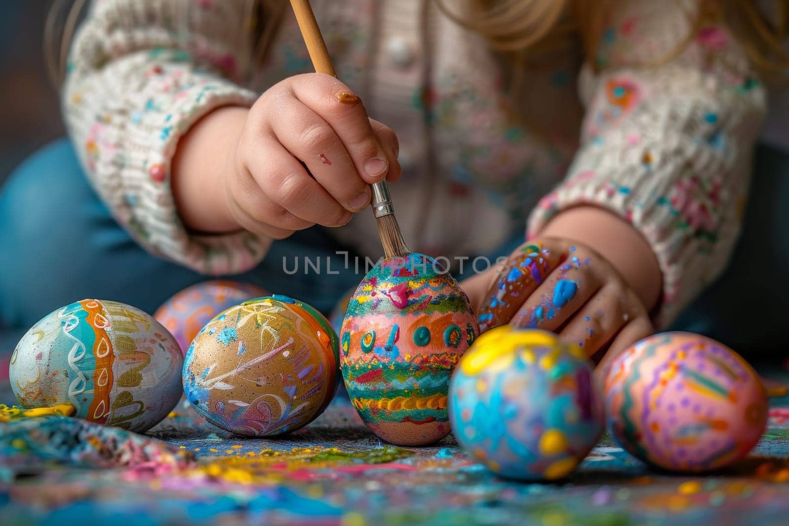 A child is painting Easter eggs with a brush. The eggs are colorful and have different designs. Concept of fun and creativity
