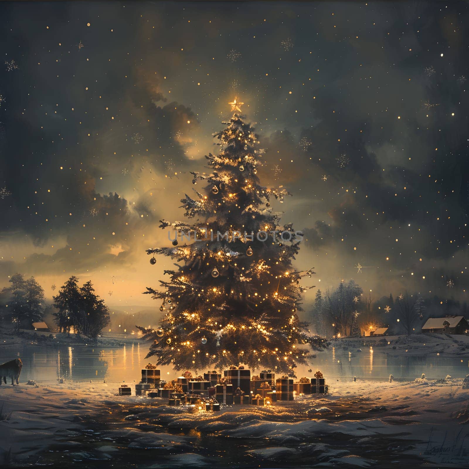 An atmospheric painting of a Christmas tree adorned with gifts underneath, set against a cloudy sky and natural landscape, showcasing the beauty of the holiday season