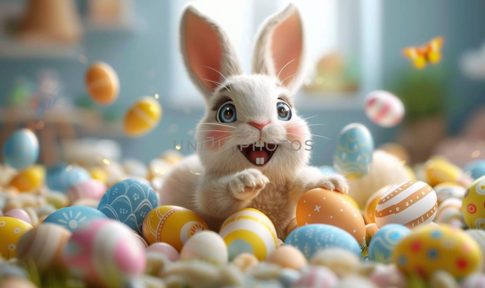 A cartoon rabbit is playing with a bunch of Easter eggs. The rabbit is surrounded by eggs of different colors, including yellow, blue, and pink. The scene is cheerful and playful