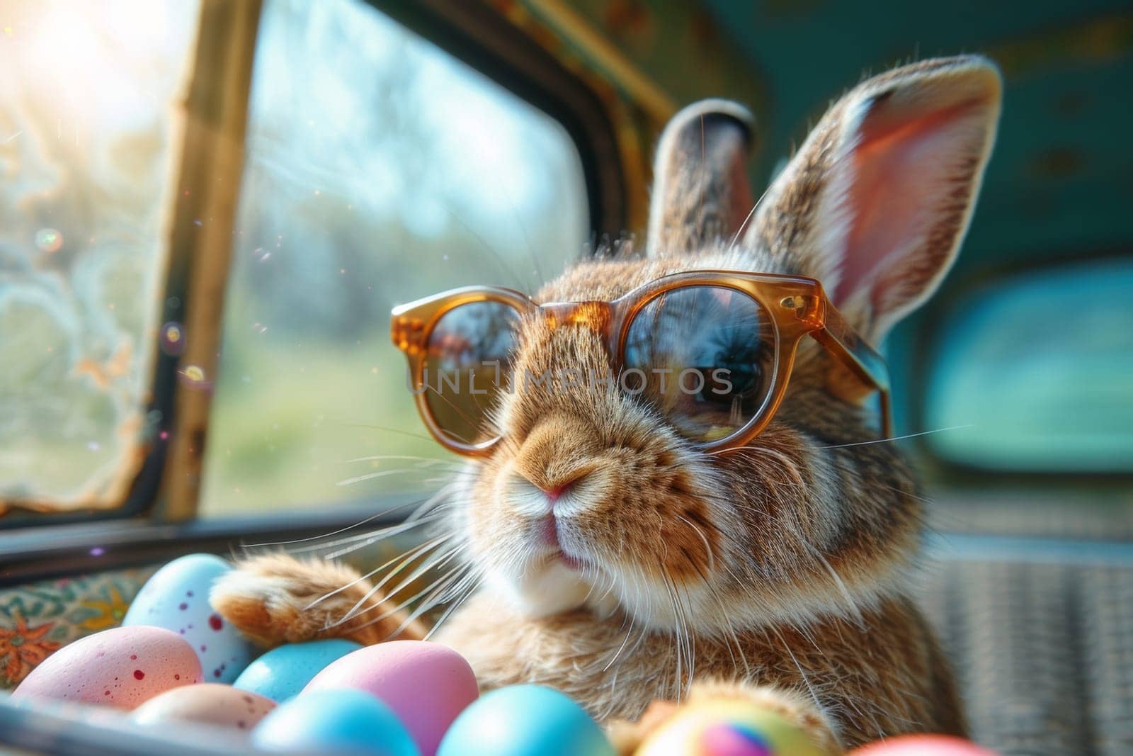 A rabbit wearing sunglasses and holding a basket of Easter eggs. The rabbit is wearing a pair of sunglasses and he is enjoying the sunny day