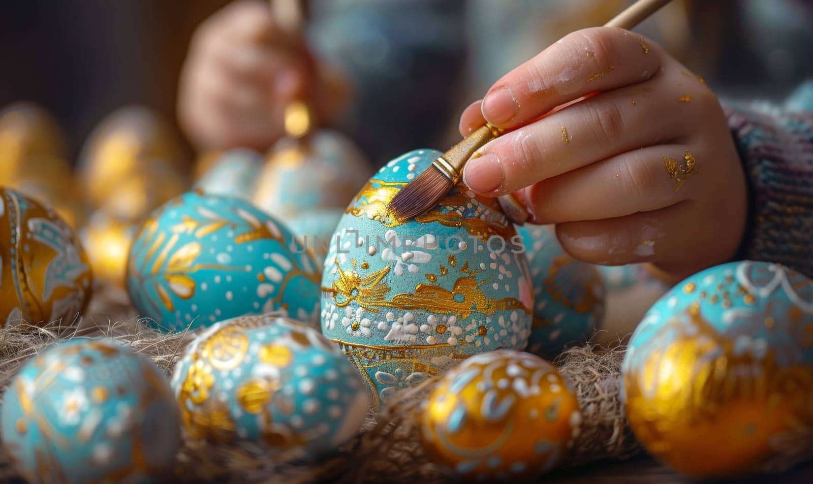 A child is painting eggs with gold and blue paint. The eggs are arranged in a row on a table