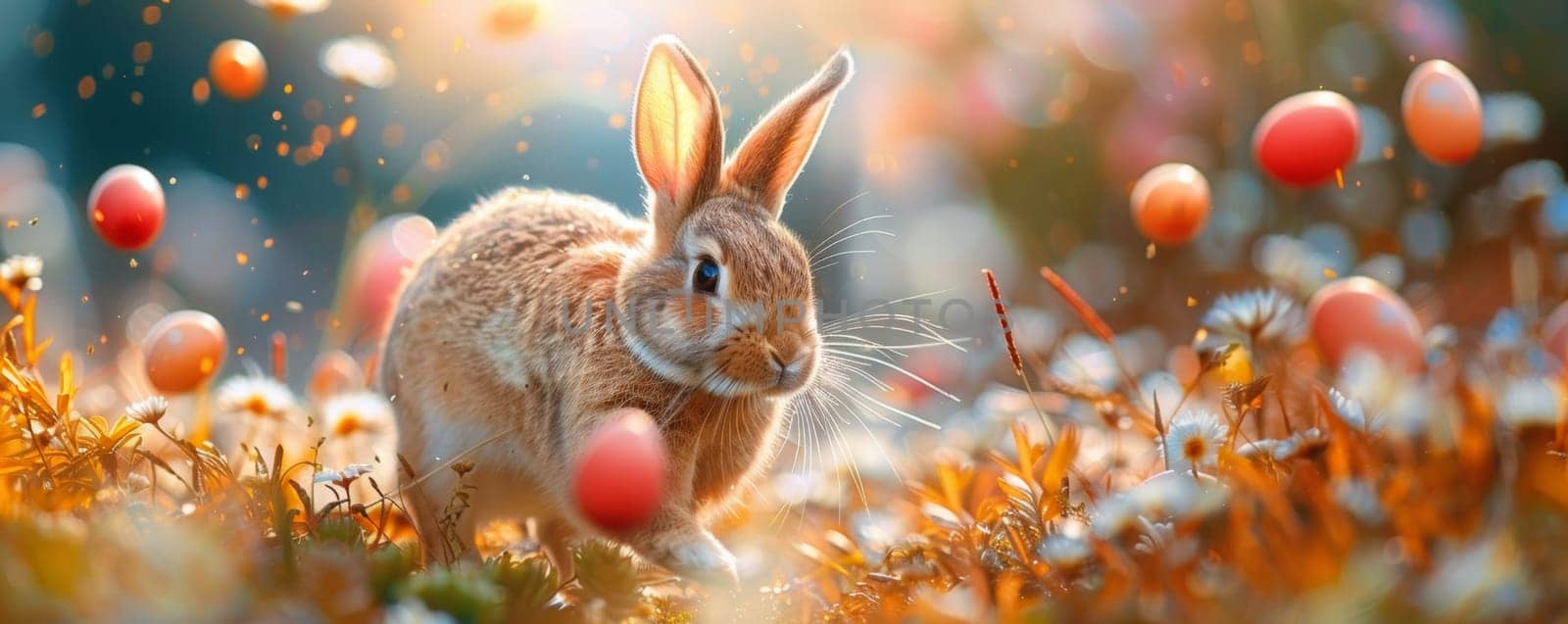 A rabbit is running through a field of flowers and eggs. The rabbit is brown and white, and it is enjoying itself as it runs through the field. The flowers and eggs create a sense of playfulness