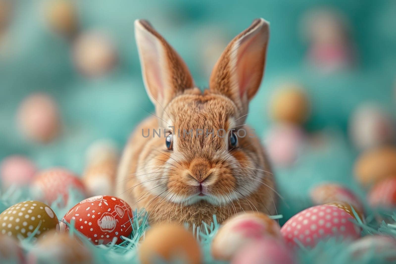 A rabbit is sitting on a bed of Easter eggs by nateemee