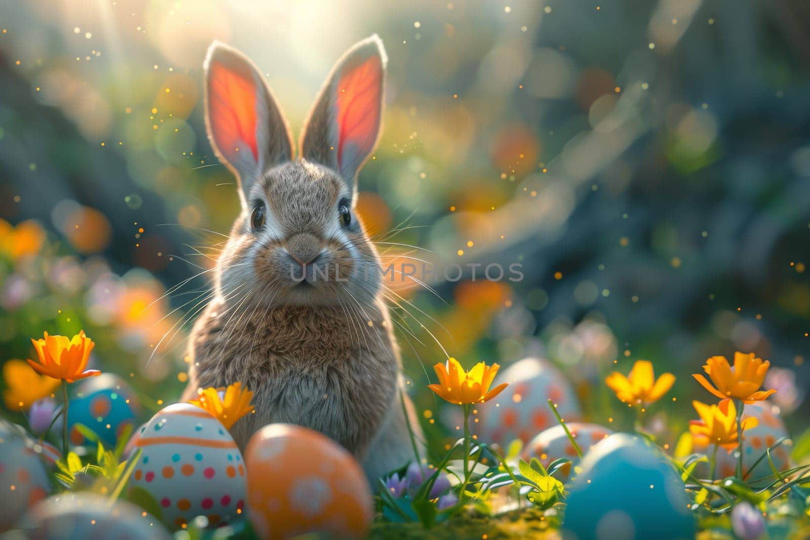 A rabbit is standing in a field of flowers and eggs. The rabbit is looking at the camera with its ears up. The scene is bright and cheerful, with the rabbit and flowers creating a sense of playfulness