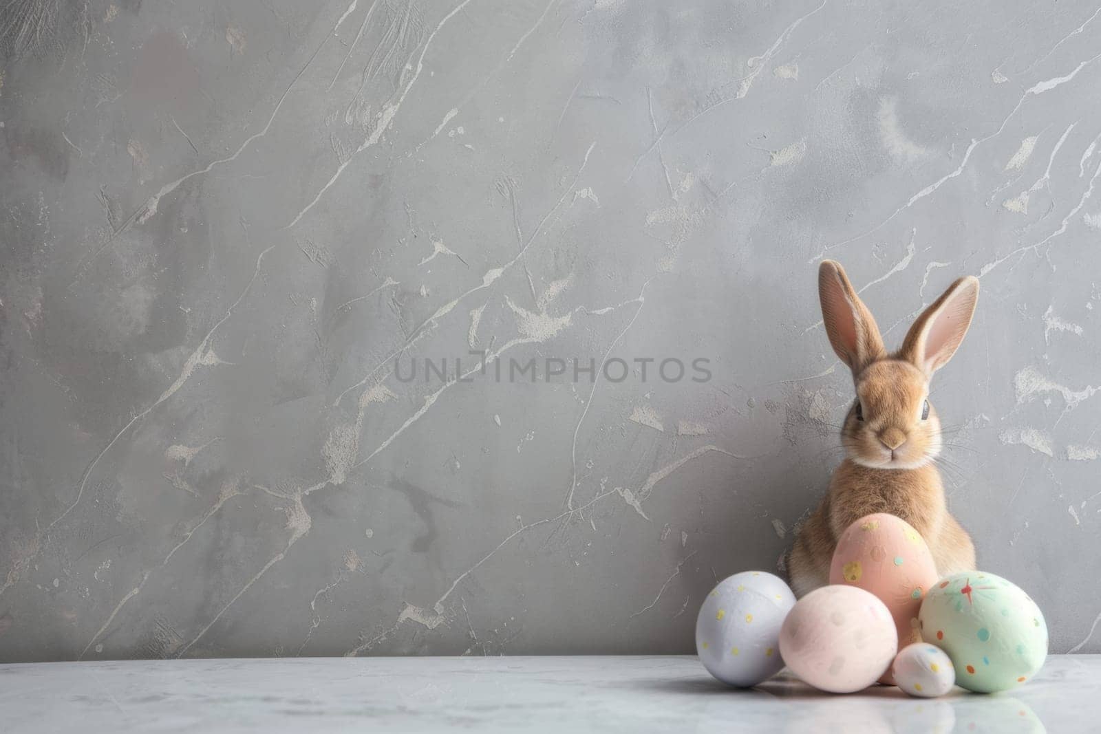 A rabbit is sitting on a table with a bunch of Easter eggs. The rabbit is the main focus of the image, and the eggs are scattered around it. Concept of warmth and joy