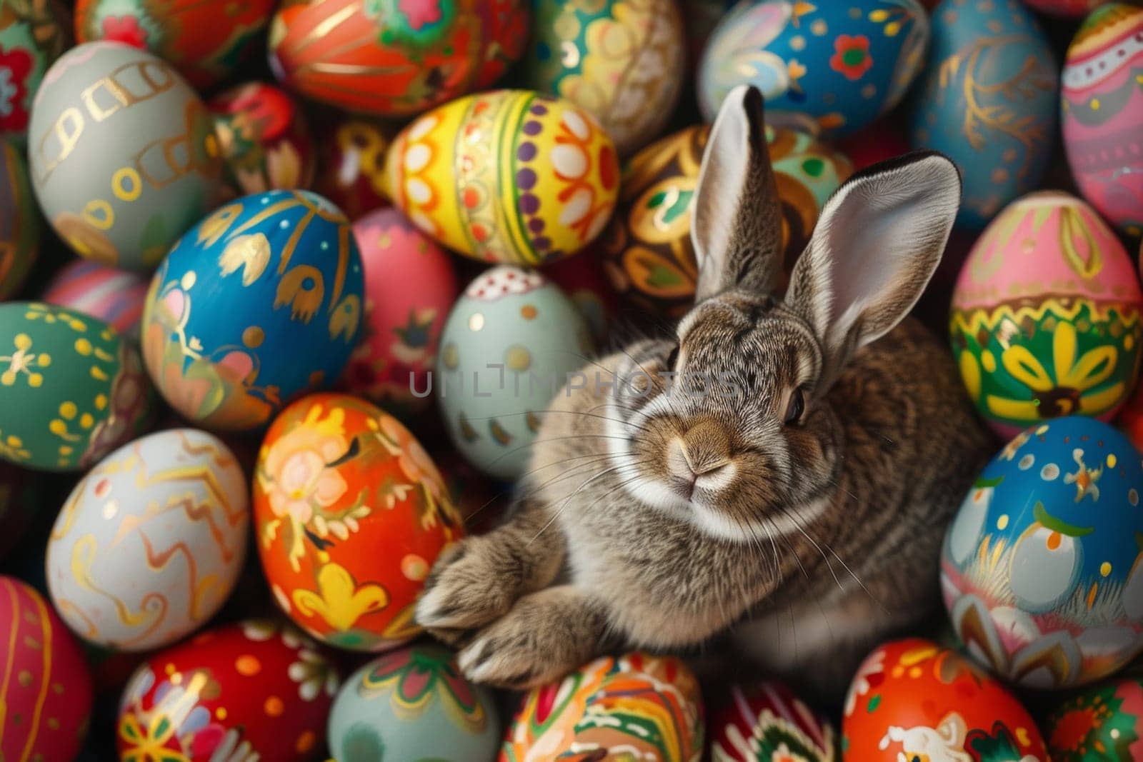 A rabbit is sitting in a pile of colorful Easter eggs. The eggs are of various colors and sizes, and the rabbit is surrounded by them. Concept of playfulness and joy