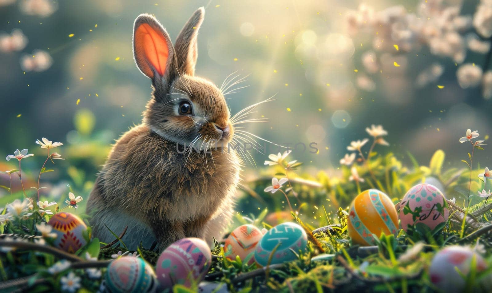 A rabbit is sitting in a field of Easter eggs by nateemee