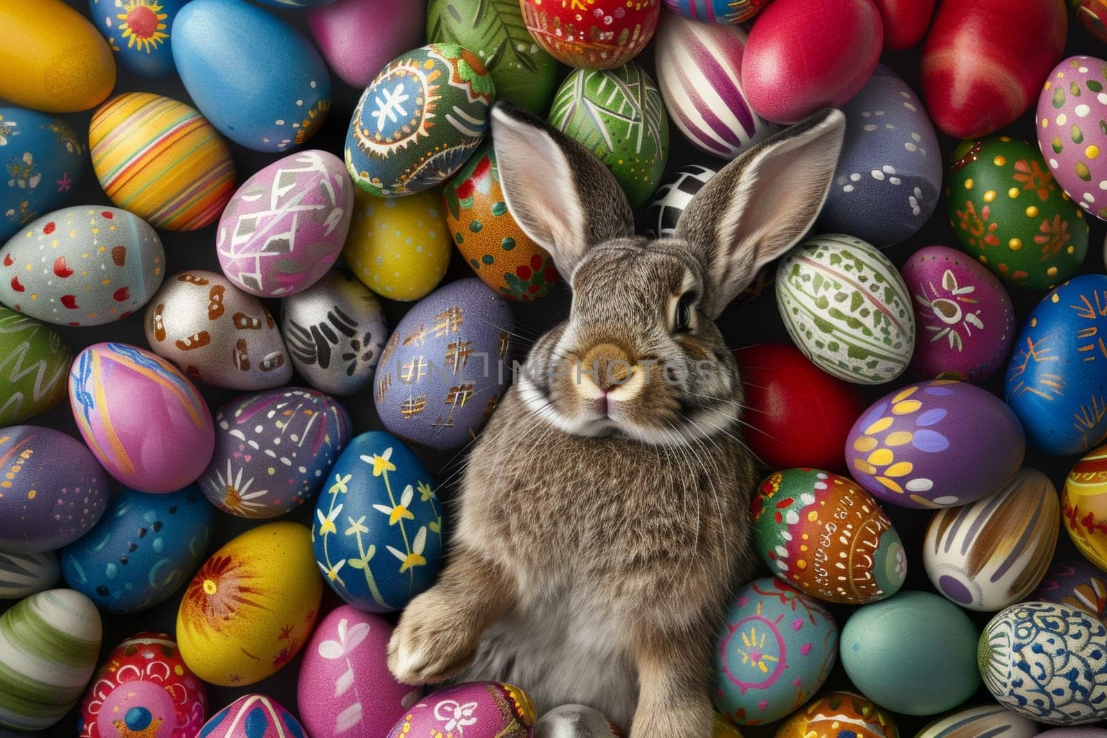 A rabbit is laying in a pile of colorful Easter eggs. The eggs are painted in various colors and patterns, creating a festive and playful atmosphere. The rabbit's presence adds a sense of curiosity