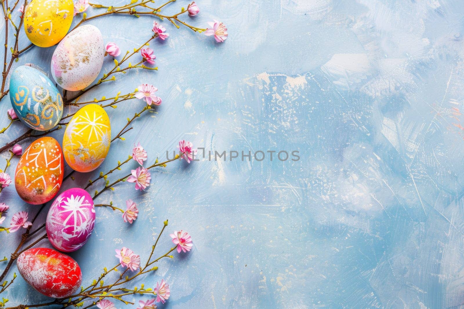 A blue background with a bunch of painted eggs and pink flowers. Scene is cheerful and colorful, with a focus on the beauty of nature
