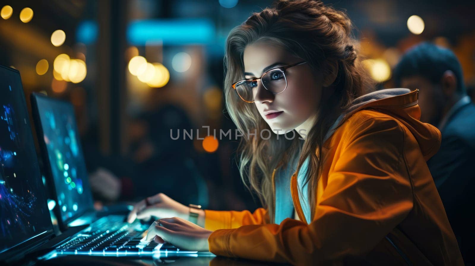 A young beautiful girl programmer works in the office in the evening.